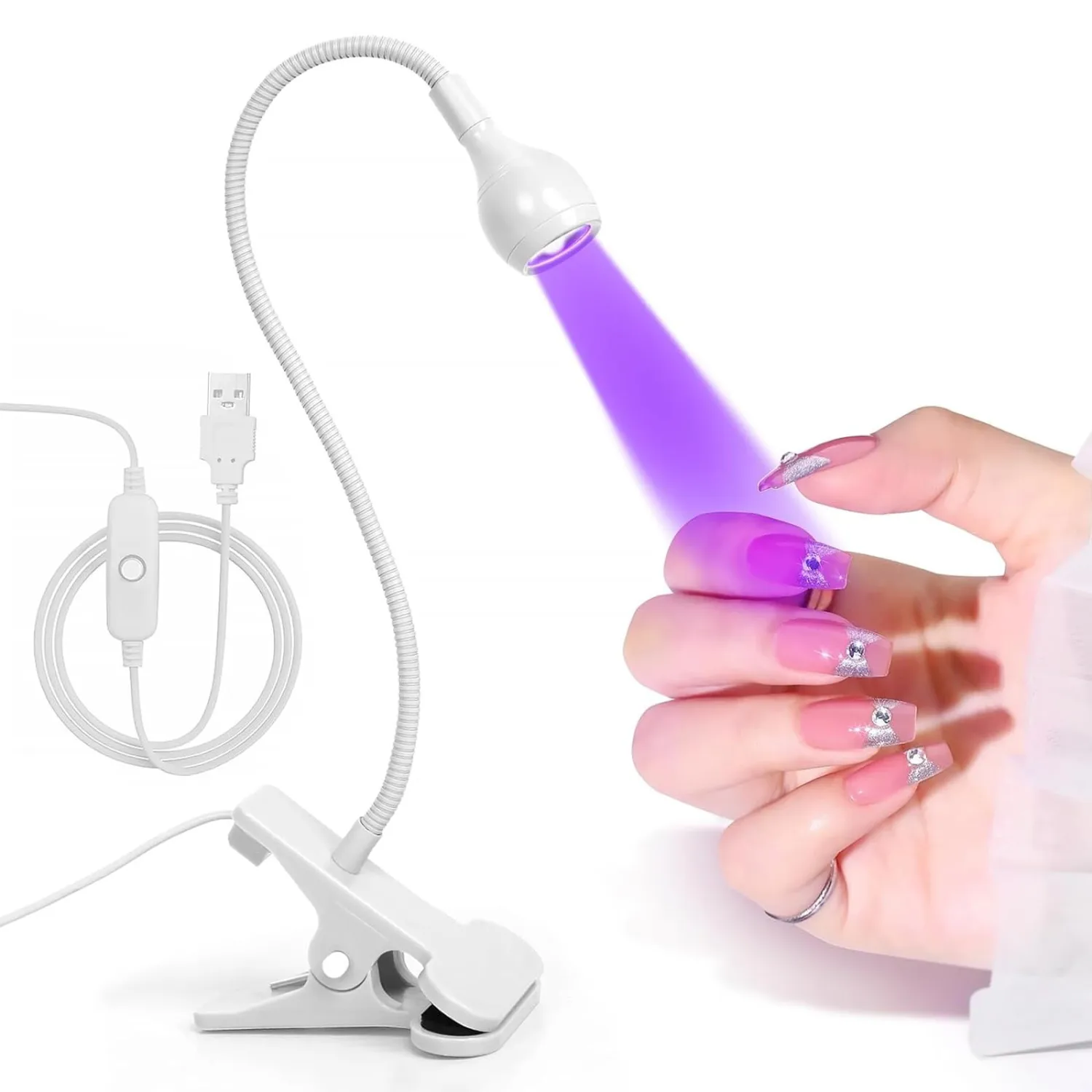 UV Nail Lamp, White, Metal, 3W LED, Dual Wavelength, Dimmable, USB Powered, Flexible, Compact, Easy to Use