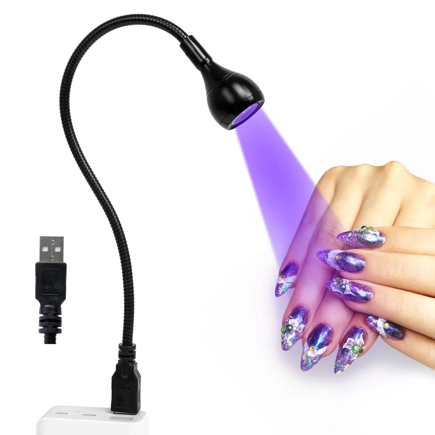 AORAEM LED Nail Lamp 3W LED Nail Portable Manicure Dryer Gel Polish Curing Light with Black Gooseneck for Gel Nails Tips USB Plug Play Nails Salon and Home DIY,Black