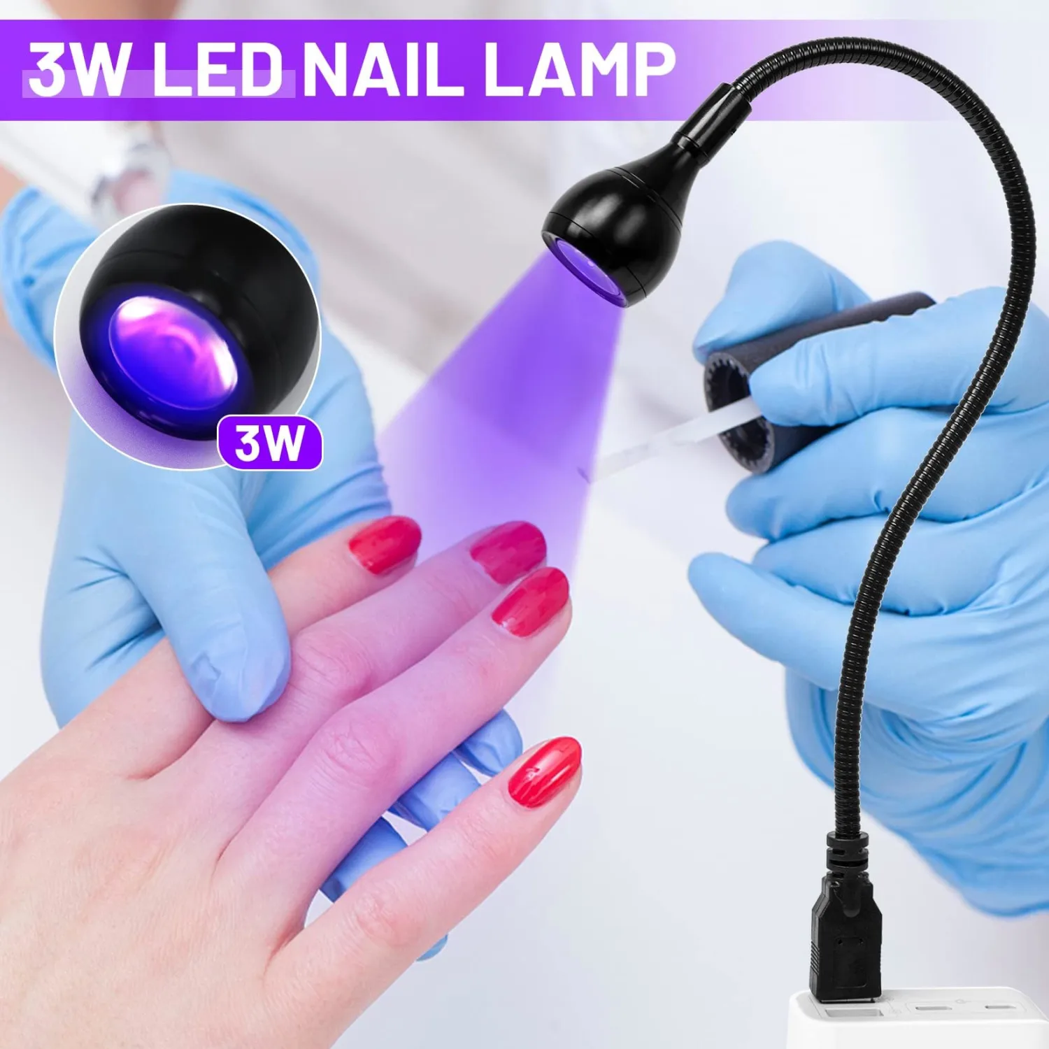 AORAEM LED Nail Lamp 3W LED Nail Portable Manicure Dryer Gel Polish Curing Light with Black Gooseneck for Gel Nails Tips USB Plug Play Nails Salon and Home DIY,Black