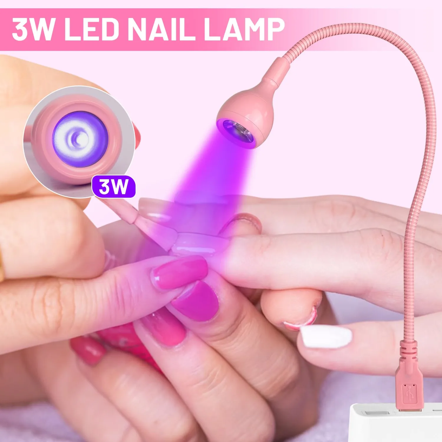 AORAEM UV LED Nail Lamp, 3W Portable Duck Neck UV Nail Lamps Dryer Gel Polish Curing Light with Pink Gooseneck for Gel Nails Tips USB Plug Play Nails Salon and Home DIY