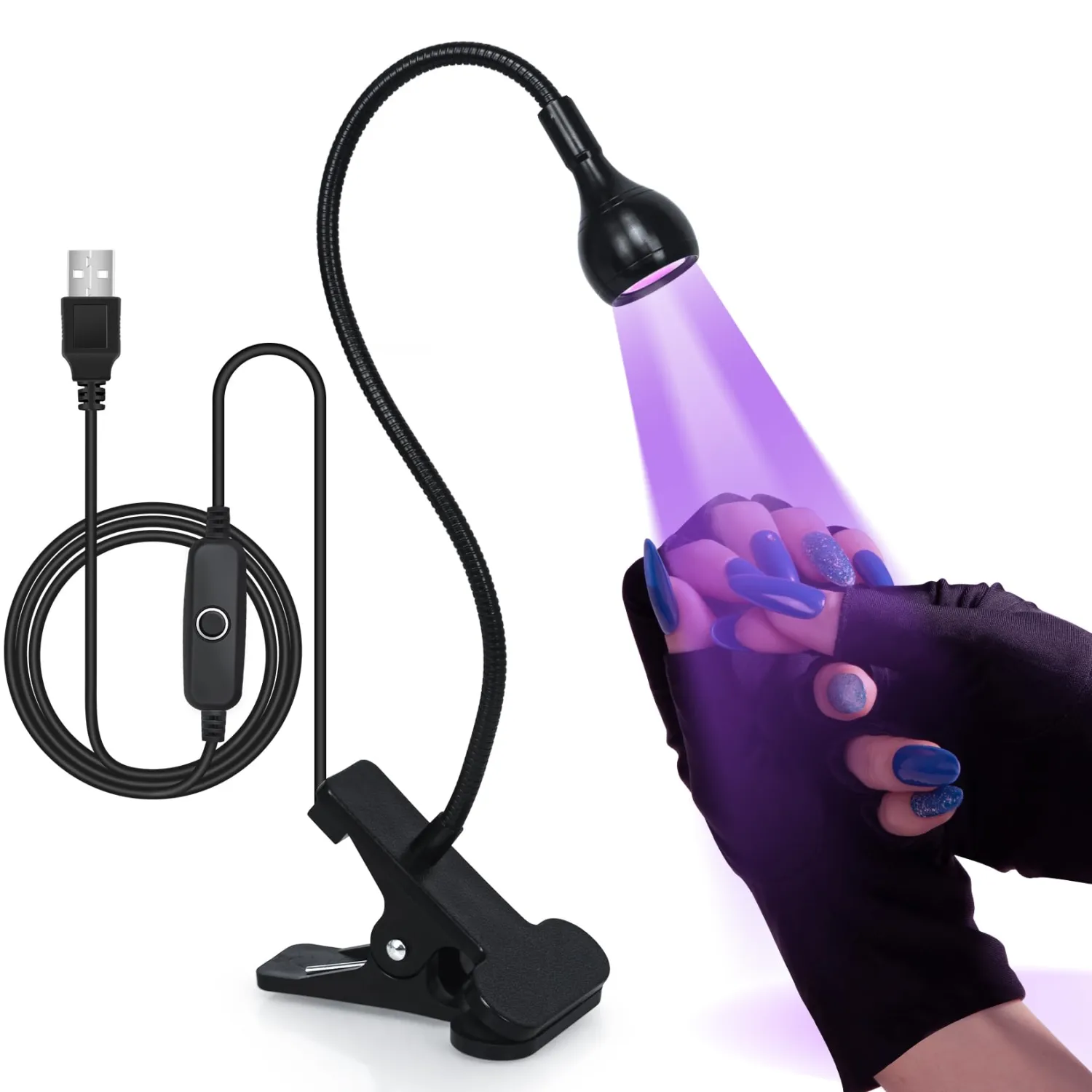 AORAEM Nail Lamp with UV Protection Gloves,3W LED Nail Manicure Dryer 35NM Curing Light with Black Gooseneck and Clamp for Gel Nails