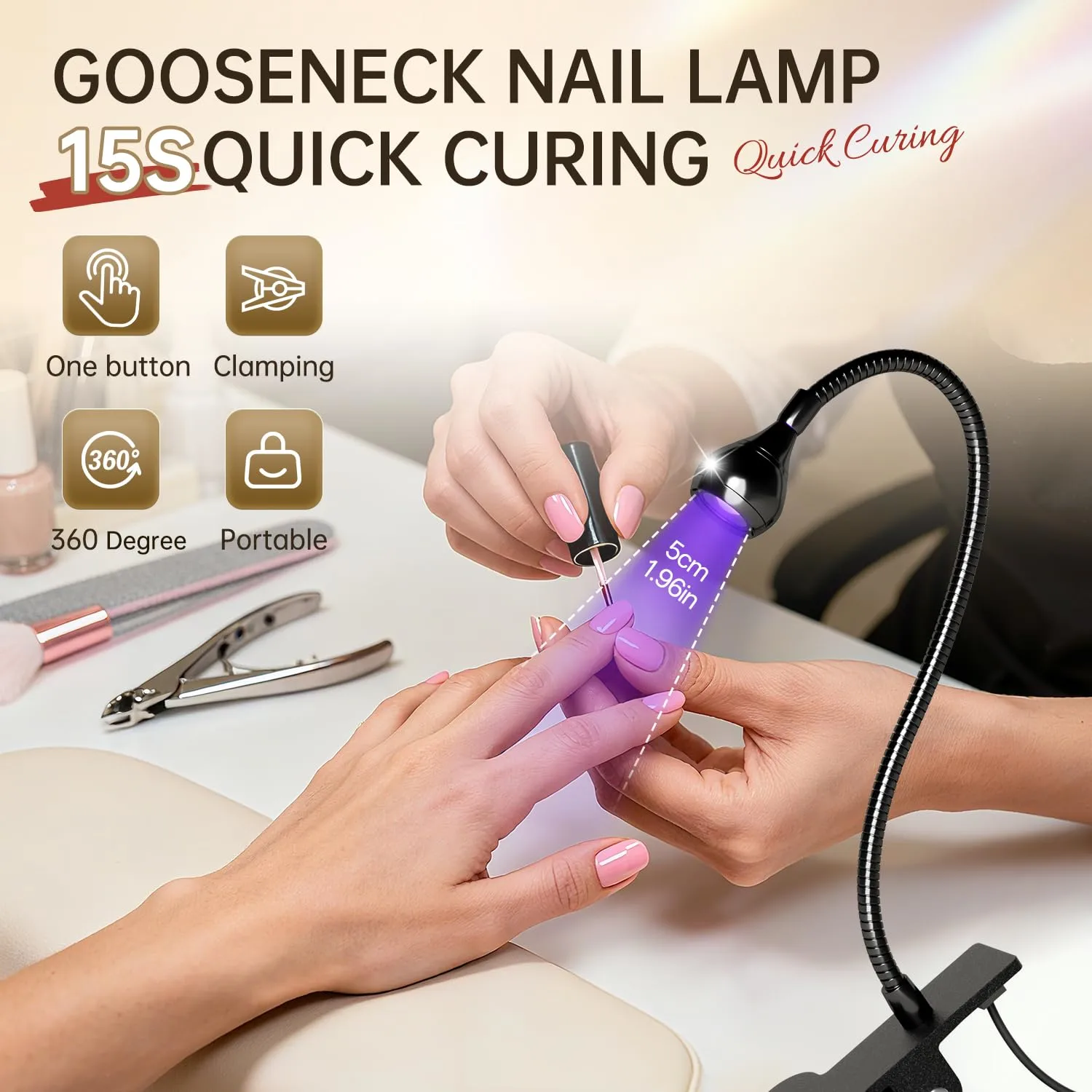 AORAEM Nail Lamp with UV Protection Gloves,3W LED Nail Manicure Dryer 35NM Curing Light with Black Gooseneck and Clamp for Gel Nails