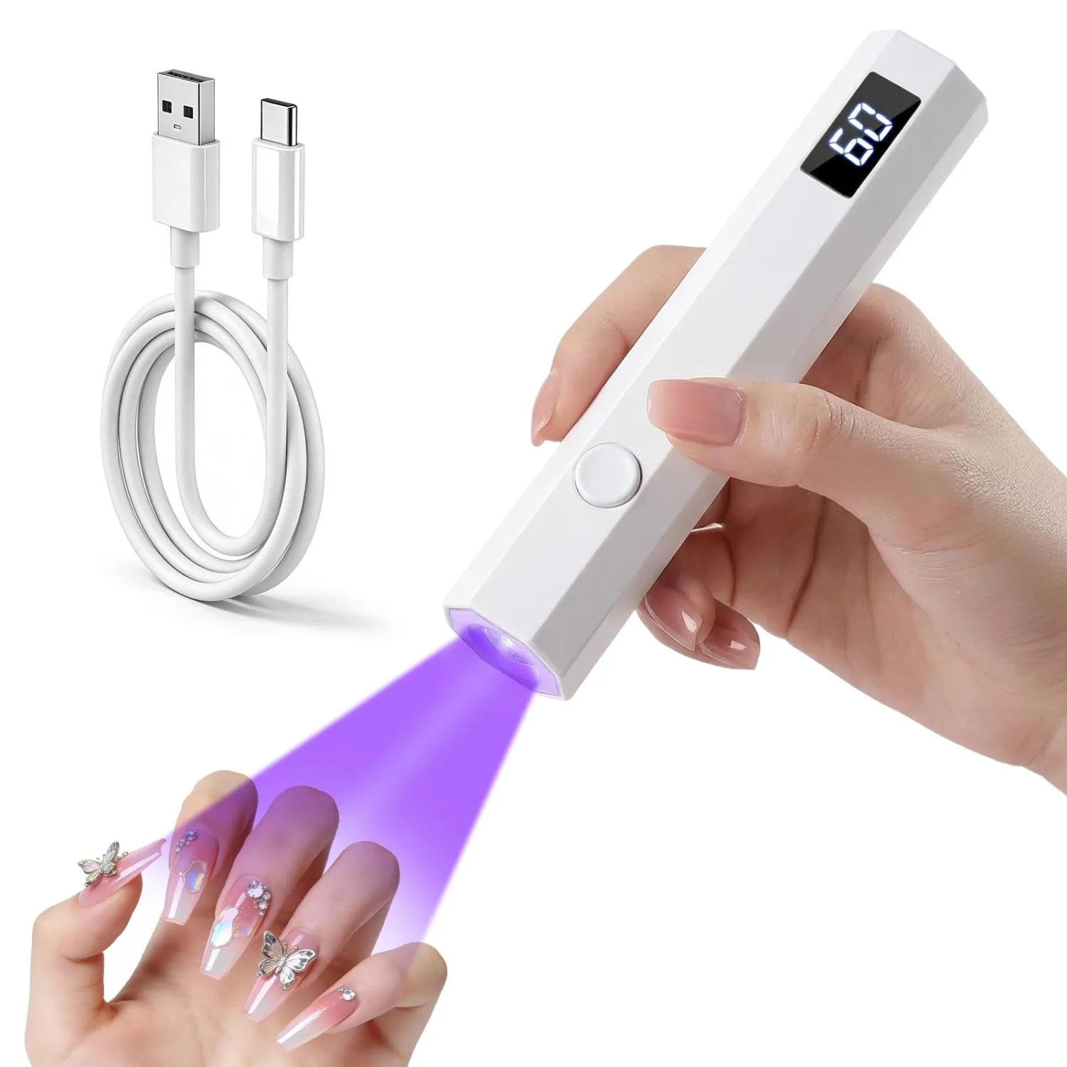 Handheld UV Nail Light for Gel Nails, Flash Cure Nail Lamp with LED Display, Settings 20/60s Timer Rechargeable Mini UV Led Nail Lamp, Hand Held Nail Light for Glue Polish Home Salon DlY, White