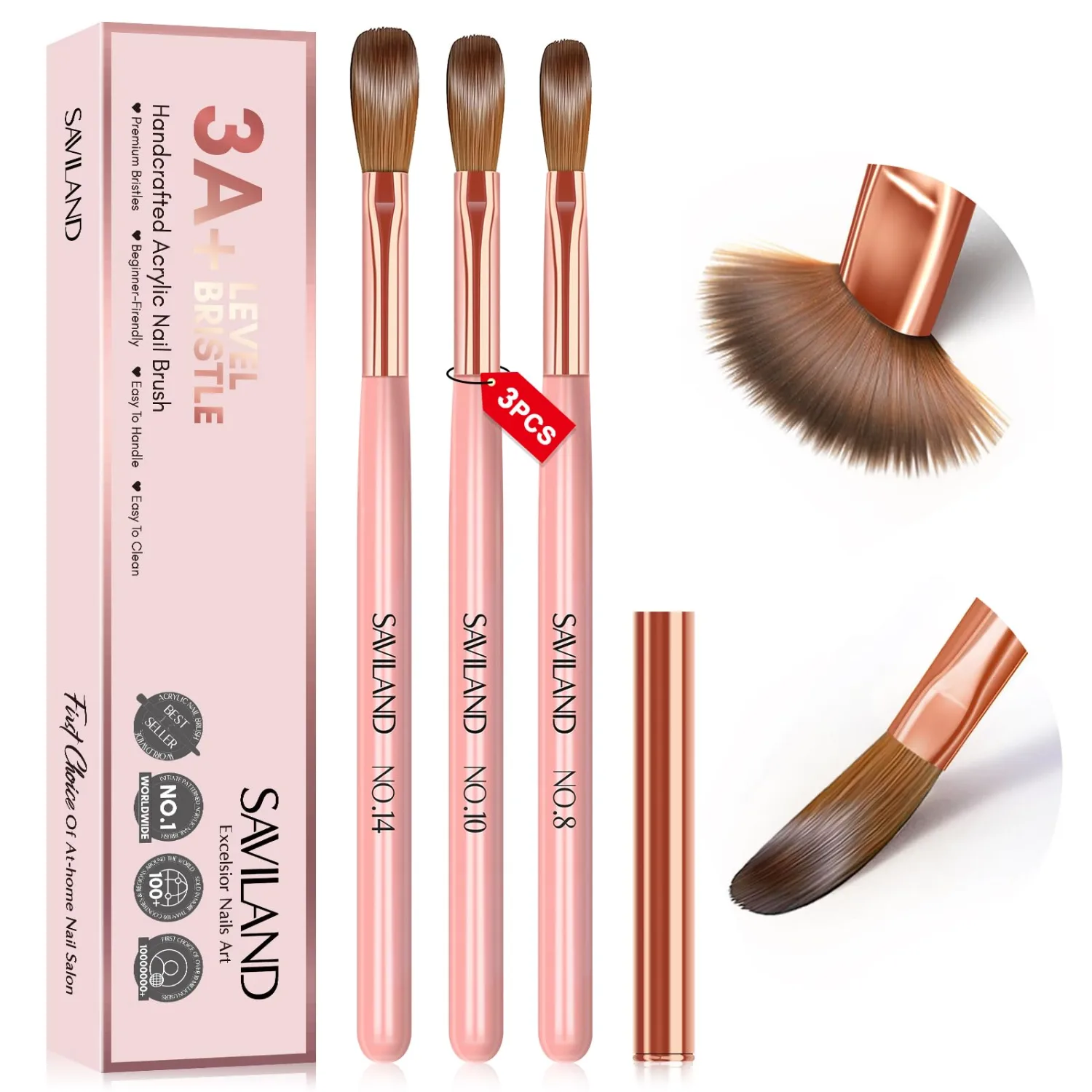 SAVILAND 3PCS Acrylic Nail Brush Set: Size 8/10/14 Kolinsky Acrylic Nail Brushes for Application, Pink Handle Professional Acrylics Powder Brushes for Nails Extension & 3D Nails Carving