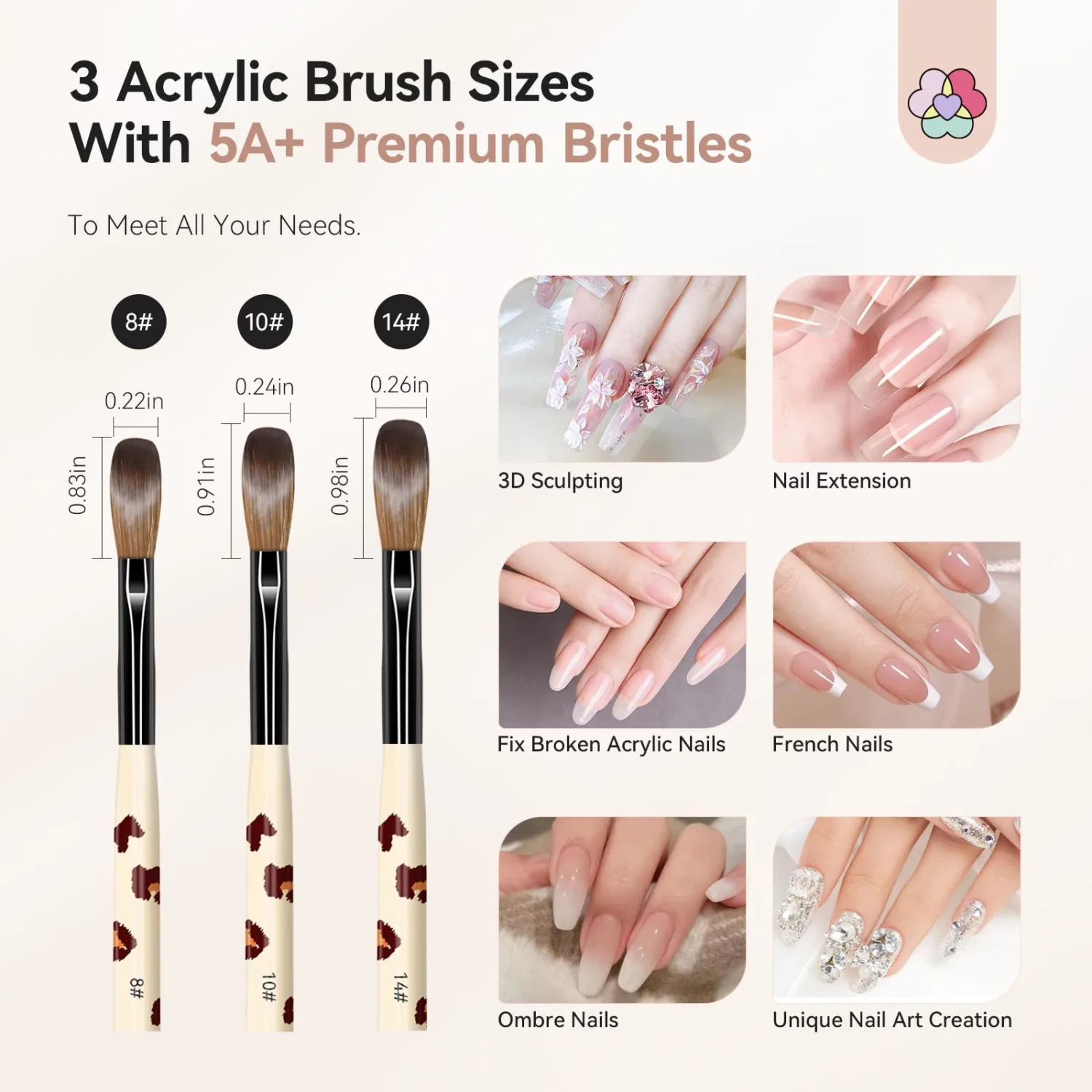 SAVILAND 3Pcs Acrylic Nail Brushes for Beginners: Leopard Print Sizes 8/10/14 Acrylic Brush Set, Professional Nail Art Tools for Acrylics Powder, Nail Extensions, 3D Carving & Salon DIY Kit