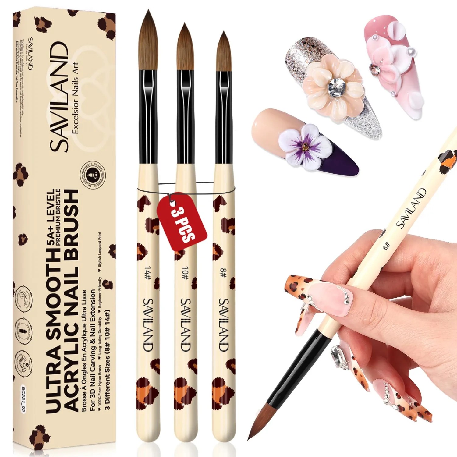 SAVILAND 3Pcs Acrylic Nail Brushes for Beginners: Leopard Print Sizes 8/10/14 Acrylic Brush Set, Professional Nail Art Tools for Acrylics Powder, Nail Extensions, 3D Carving & Salon DIY Kit