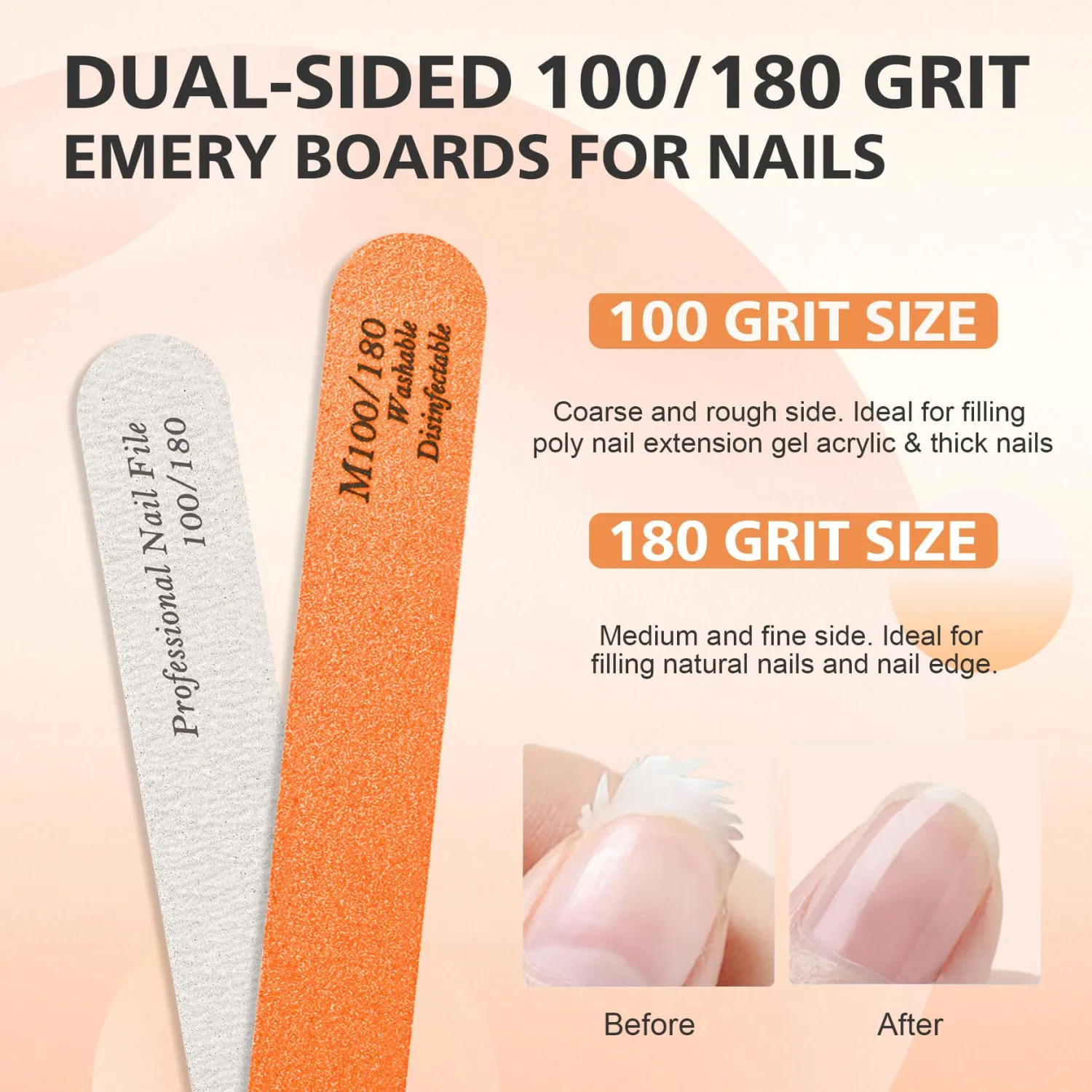 BALUCA 10-Pack Professional Nail Files & Buffers for Acrylic & Natural Nails | Double-Sided 100/180 Grit Emery Boards | Reusable Salon-Grade Nail Filer & Shine Kit for Women & Pets (Orange)