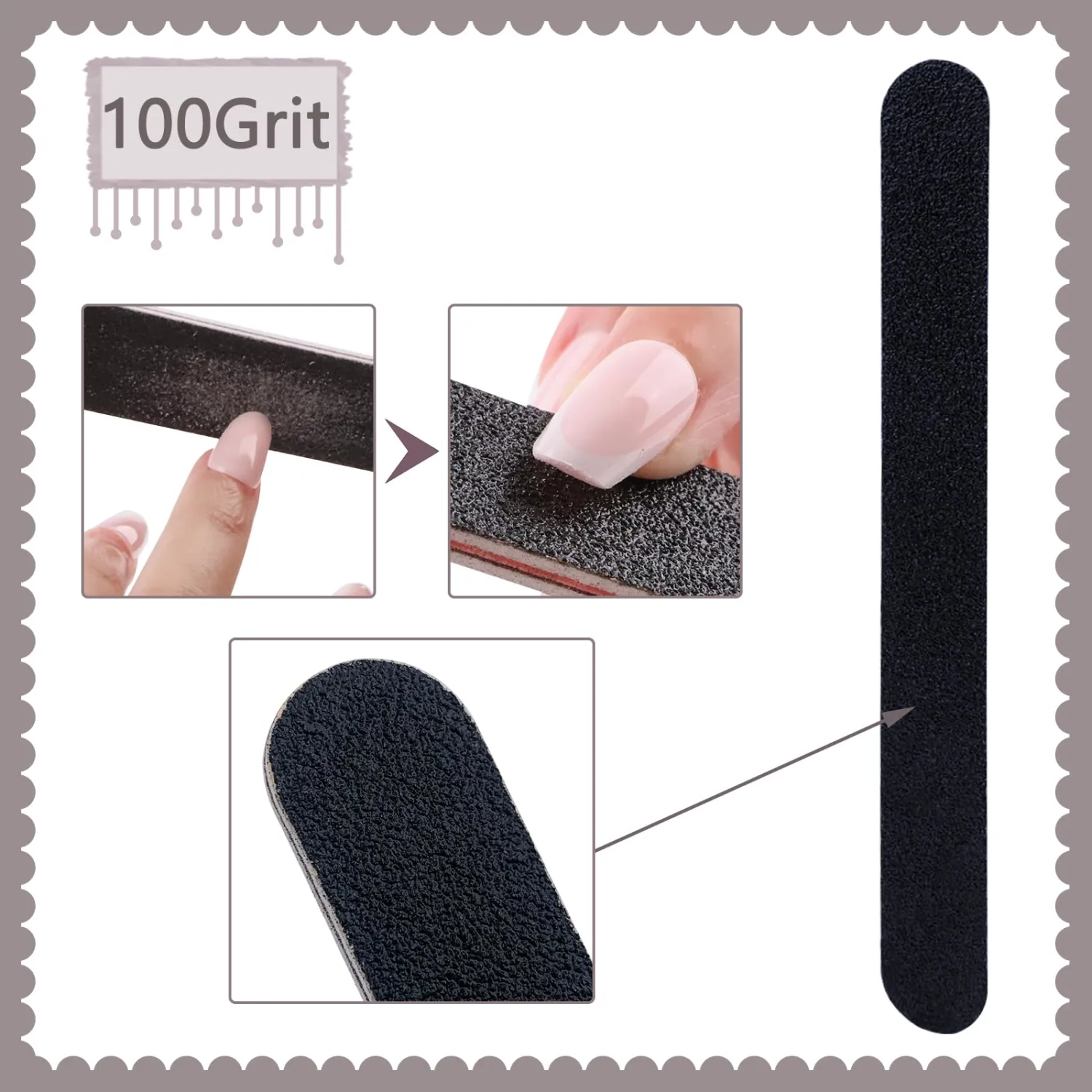 12 Pack Professional Emery Boards - 100/180 Grit Nail File Pack for Acrylic and Natural Nails, Black