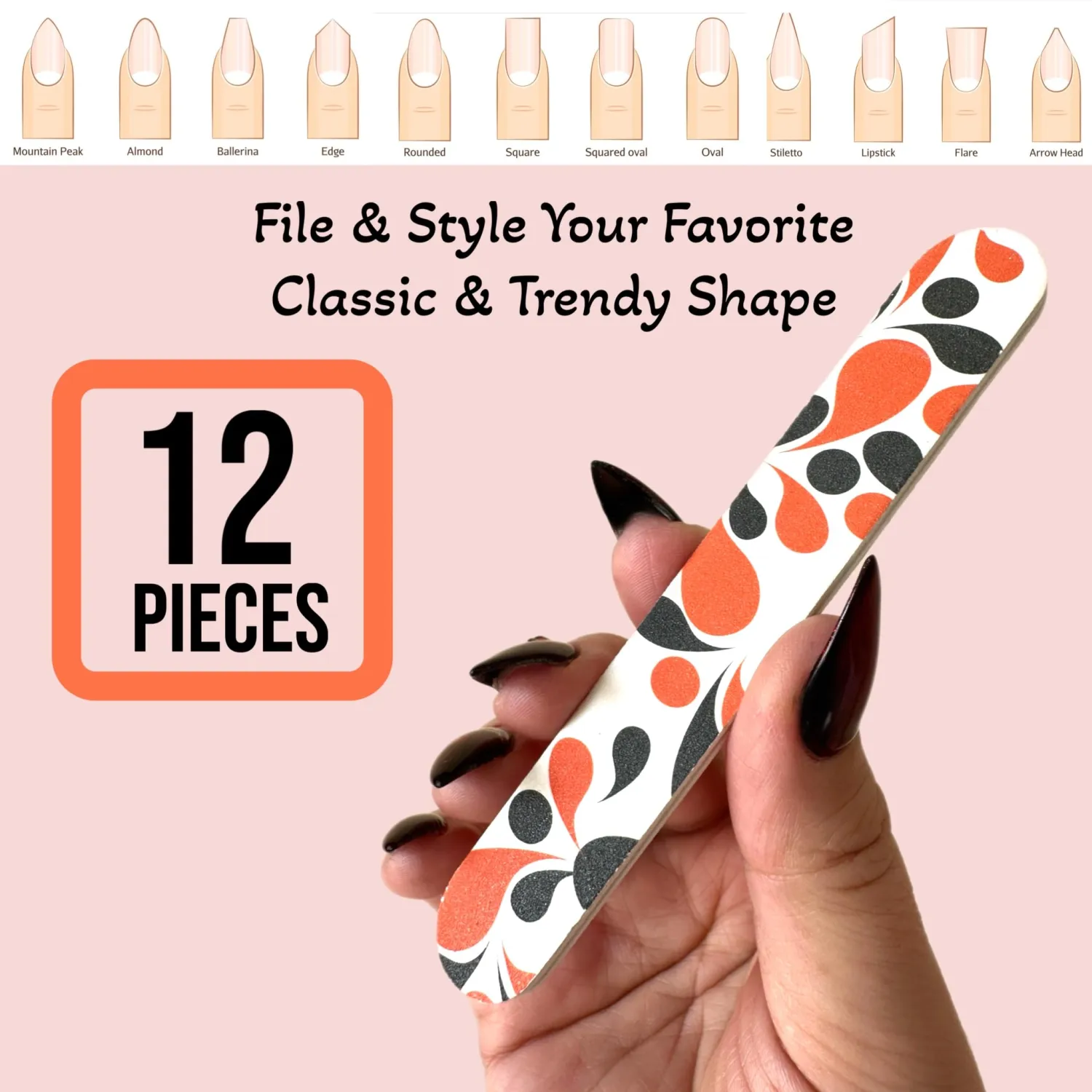 12pc White Orange/Black Fashion Print Dual-Sided Nail Medium & Fine Grit File Emery Board Cushioned Easy Grip Comfort Filing Smoothing Finishing All Nails 5” Travel Size TSA Approved