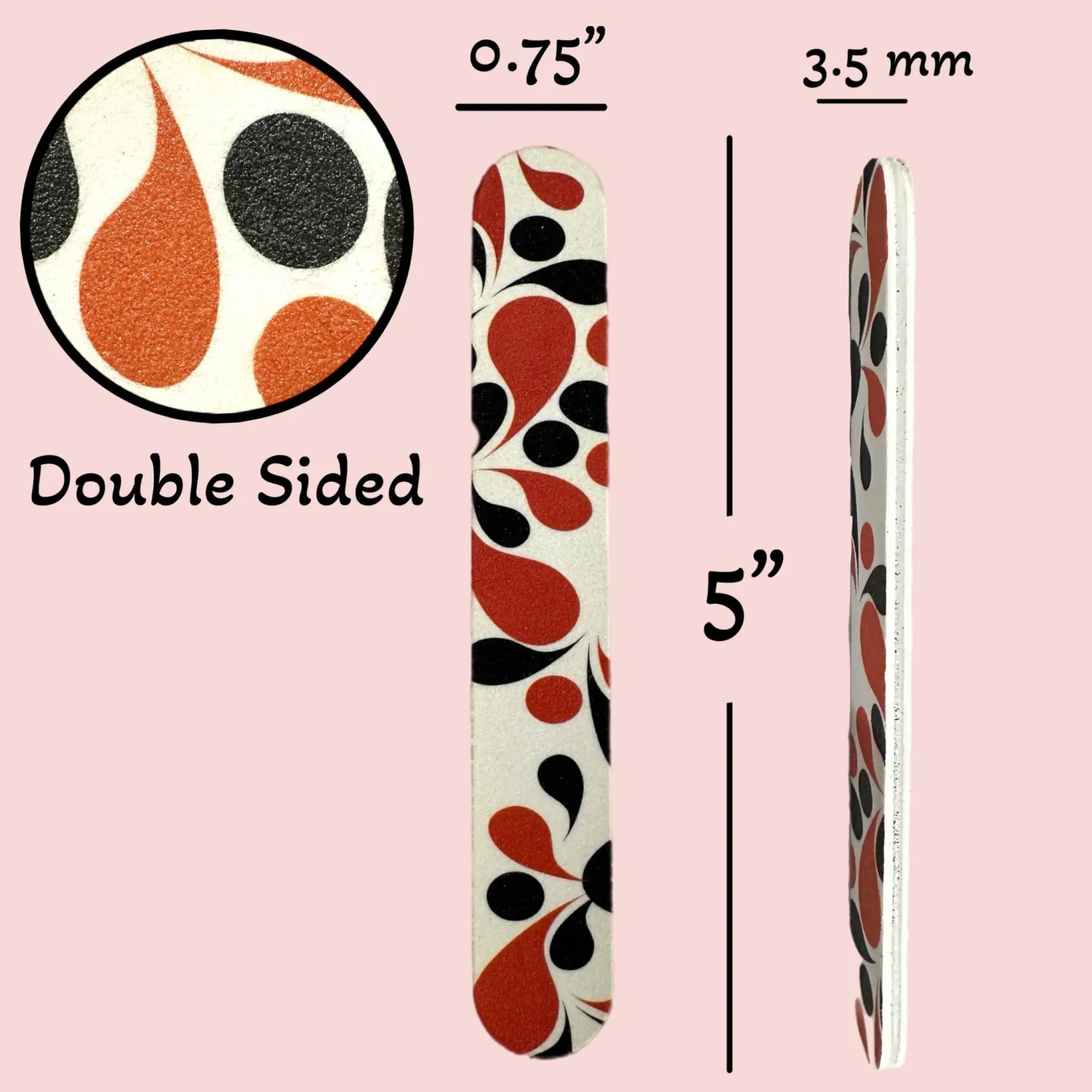 12pc White Orange/Black Fashion Print Dual-Sided Nail Medium & Fine Grit File Emery Board Cushioned Easy Grip Comfort Filing Smoothing Finishing All Nails 5” Travel Size TSA Approved