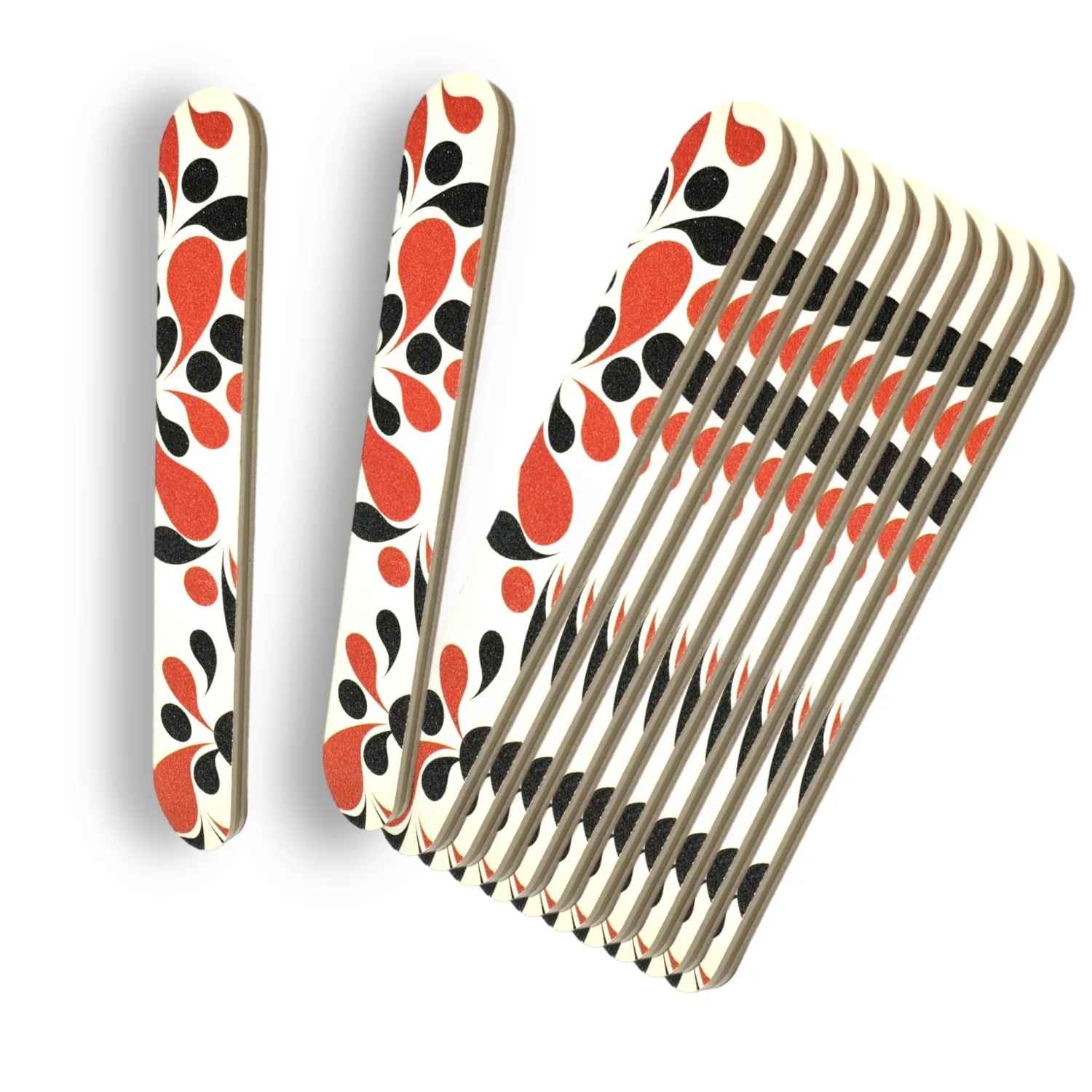 12pc White Orange/Black Fashion Print Dual-Sided Nail Medium & Fine Grit File Emery Board Cushioned Easy Grip Comfort Filing Smoothing Finishing All Nails 5” Travel Size TSA Approved