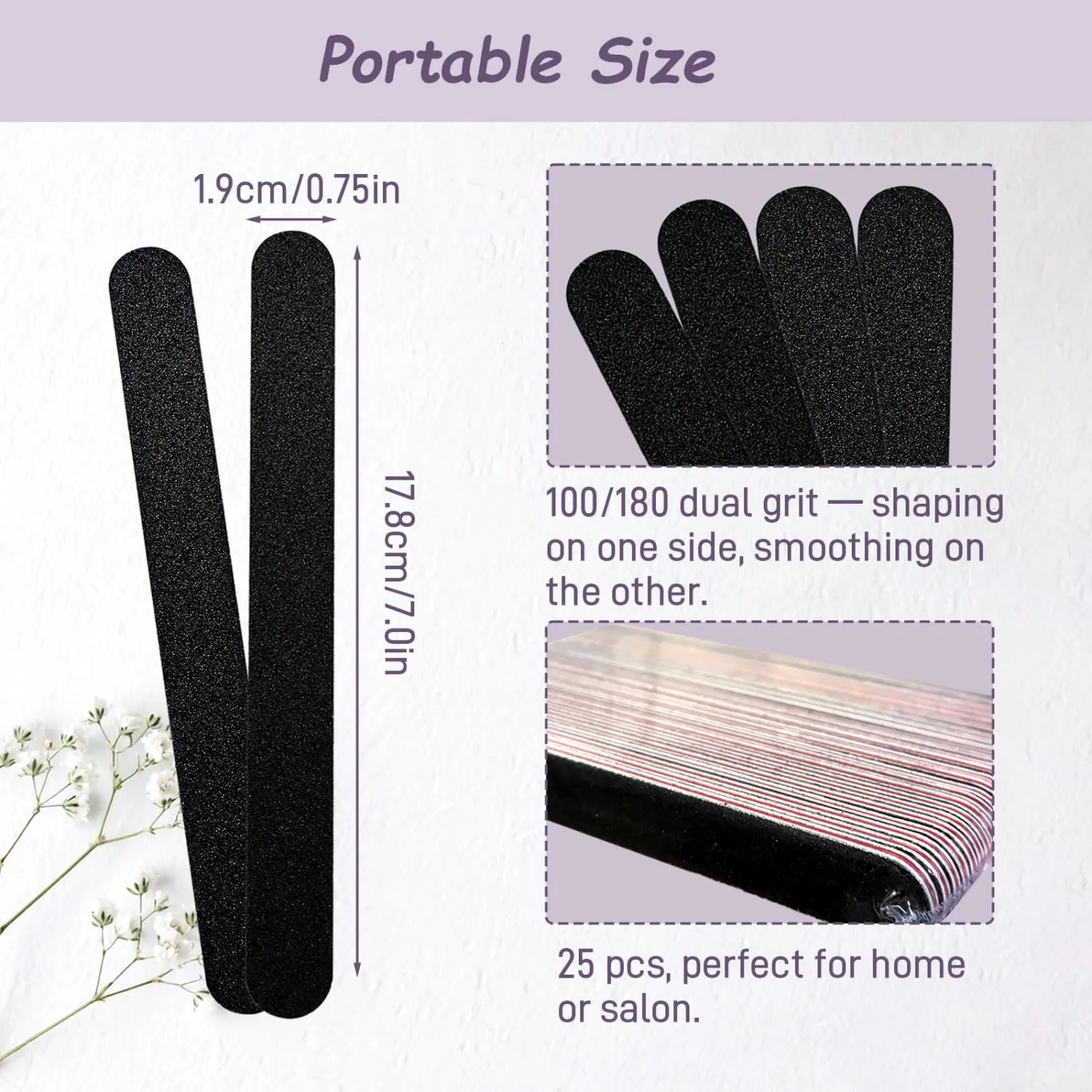 25PCS Professional Nail Files – Double-Sided 100/180 Grit Emery Boards for Manicure, Pedicure & Nail Buffering (Black)