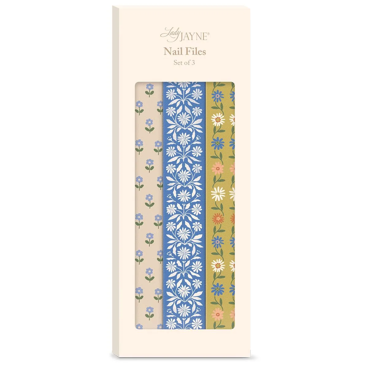 Lady Jayne Decorated Nail File Emery Boards, Set of 3, Sweet Boutique Blue Mustard Floral