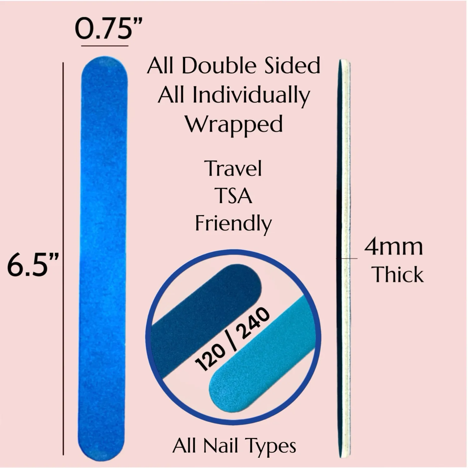 6pc ALAZCO Premium Blue Nail Files Coarse 120/240 Fine Professionals & DIY Washable Reuseable All Nails Natural Acrylic Gel Press-On Travel TSA Friendly