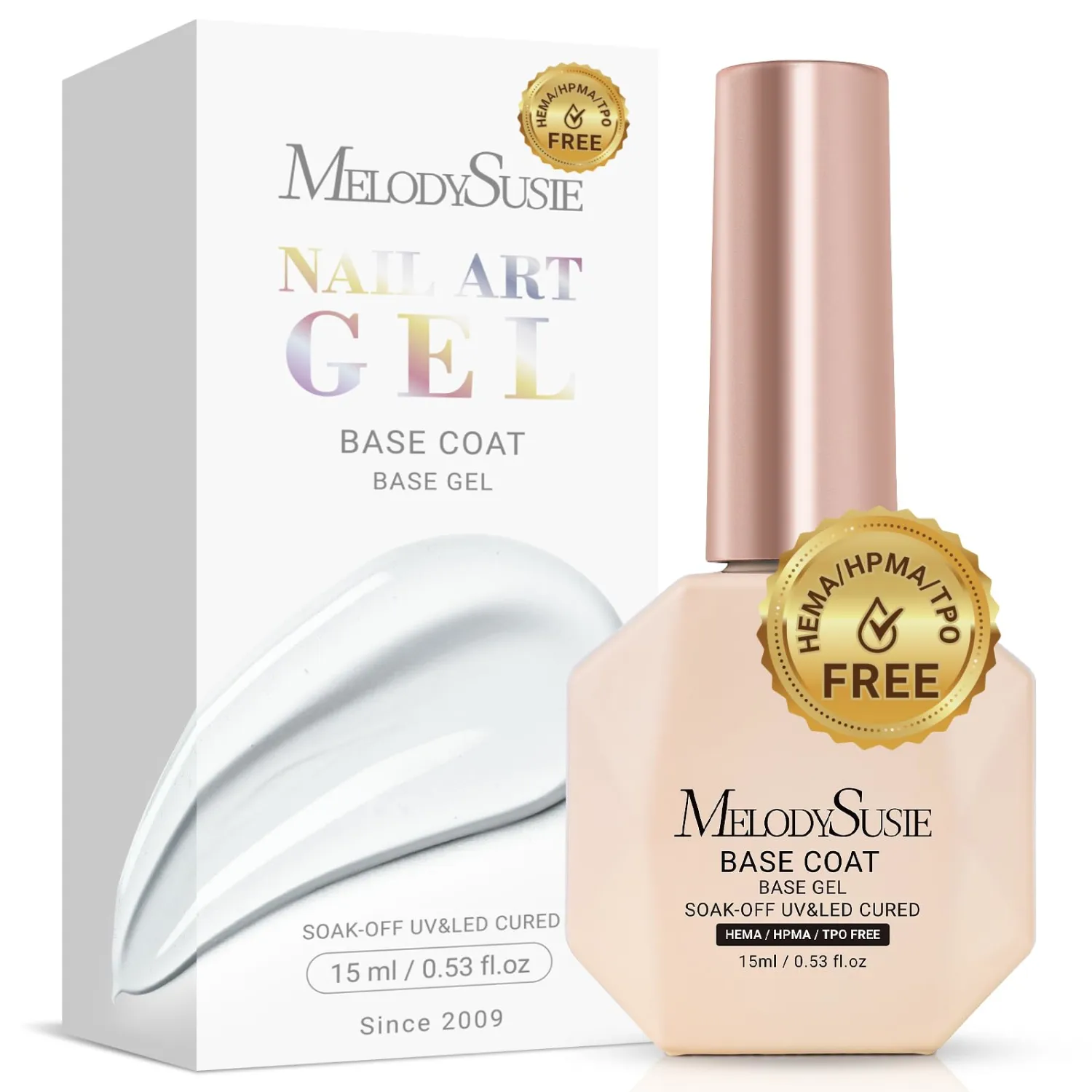 MelodySusie Hema Free Gel Base Coat,Hema Free,Hpma Free,Tpo Free,No Wipe,Soak off UV LED Drying,Long Lasting Gloss Shiny 15ML