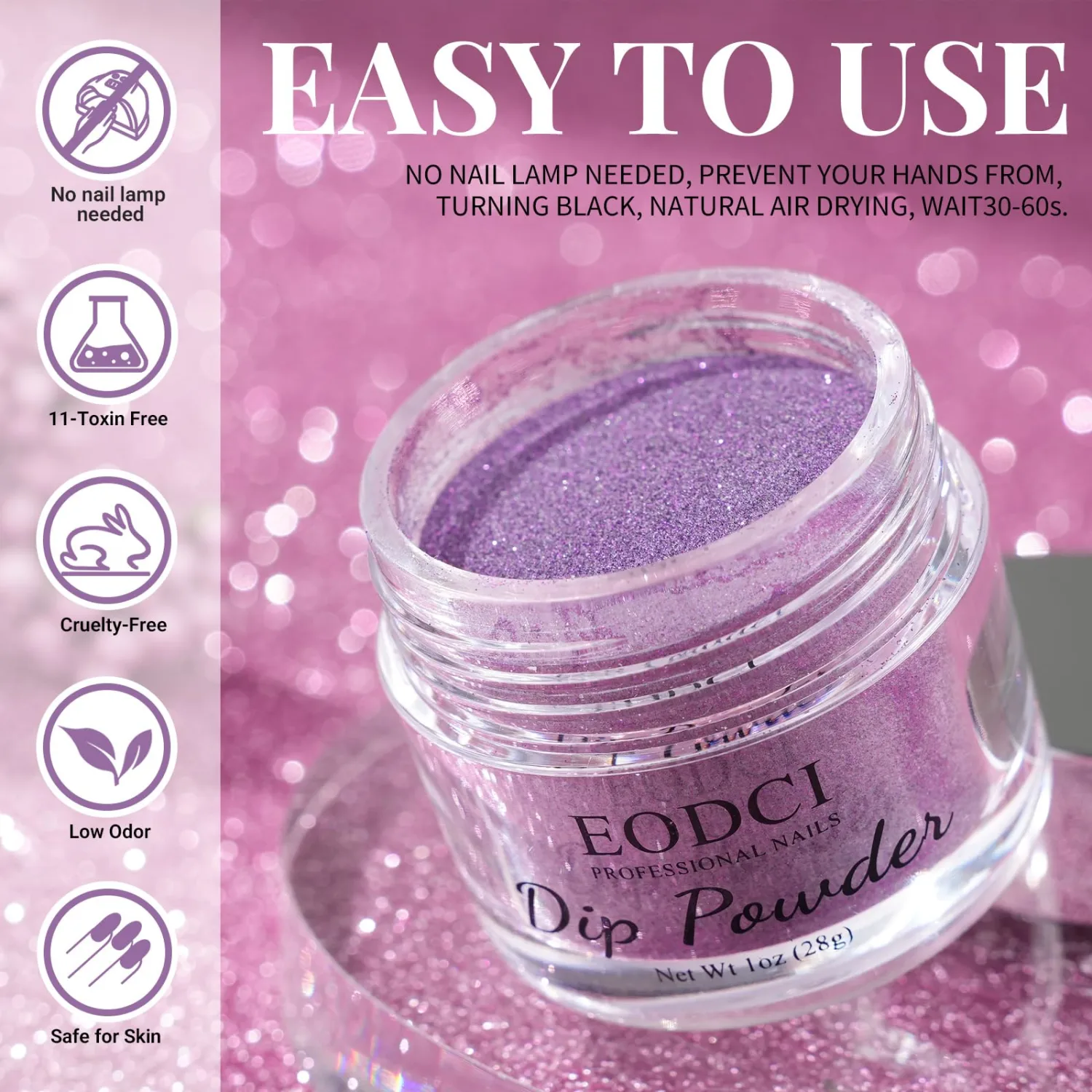 EODCI Glitter Dip Powder - Purple Color, 1 Oz/28g, DIY Nail Dipping Powder for Salon-Quality Manicure at Home, No Lamp Needed