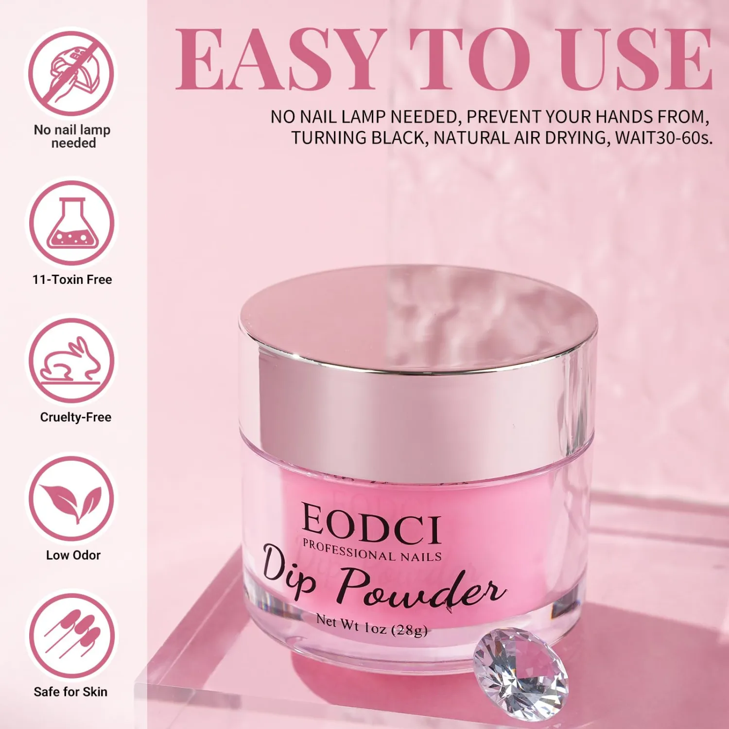 EODCI Nail Dip Powder, Pink Color Dipping Powder - Odor-Free& - Long-Lasting Dip Nail Color Lasts 28 Days - Low-Odor & No UV Lamp Required - 1oz