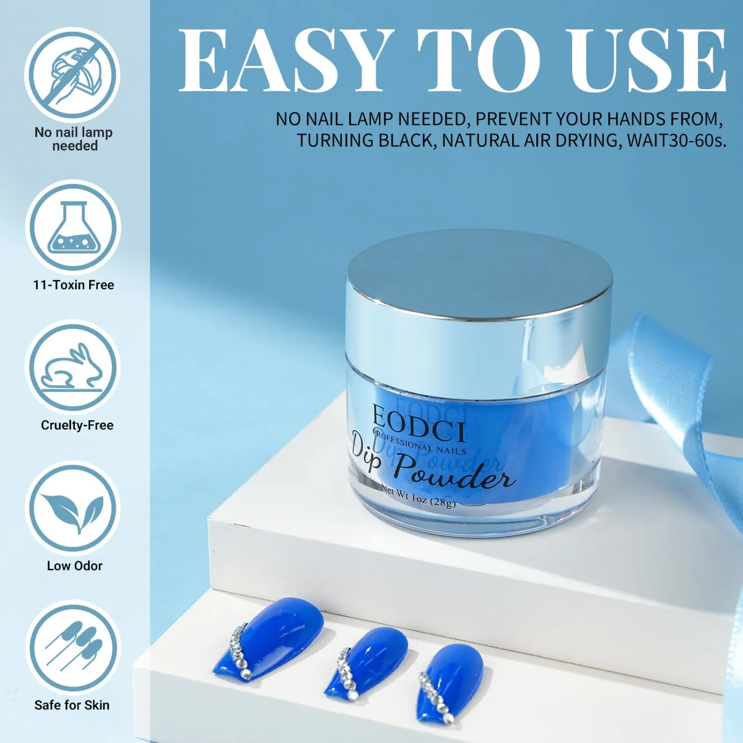 EODCI Dip Powder Blue Color 1 Oz/28g Nail Dipping Powder French Nails Art Starter Manicure DIY Salon Home Gift for Women,No Need Nail Lamp Cured