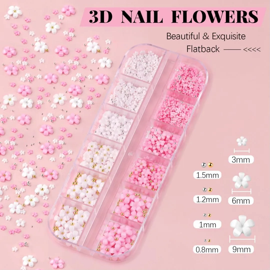BELLEBOOST 3D Nail Flowers Charms,White Pink Acrylic Flower with Caviar Beads,Rhinestones for Nails 3D Nail Charms for Acrylic Nails for Manicure Salon DIY Nail Art Decor with Pickup & Dotting Tools
