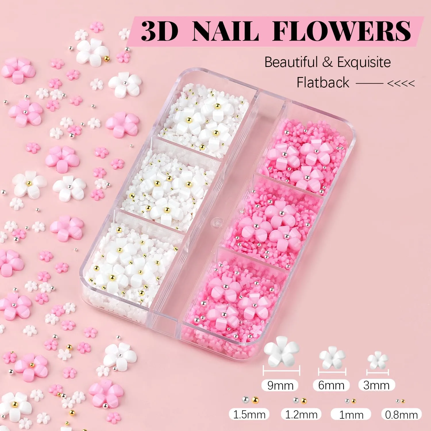 BELLEBOOST 3D Flowers, Manicure Kit with Nail Rhinestone Glue Gel, White Pink Acrylic Flower Nail Charms with Caviar Beads, Rhinestones for Nails + Gem Glue for Nails (UV/LED Needed) with Tools