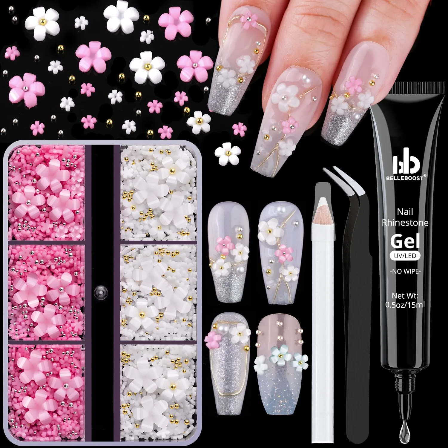 BELLEBOOST 3D Flowers, Manicure Kit with Nail Rhinestone Glue Gel, White Pink Acrylic Flower Nail Charms with Caviar Beads, Rhinestones for Nails + Gem Glue for Nails (UV/LED Needed) with Tools