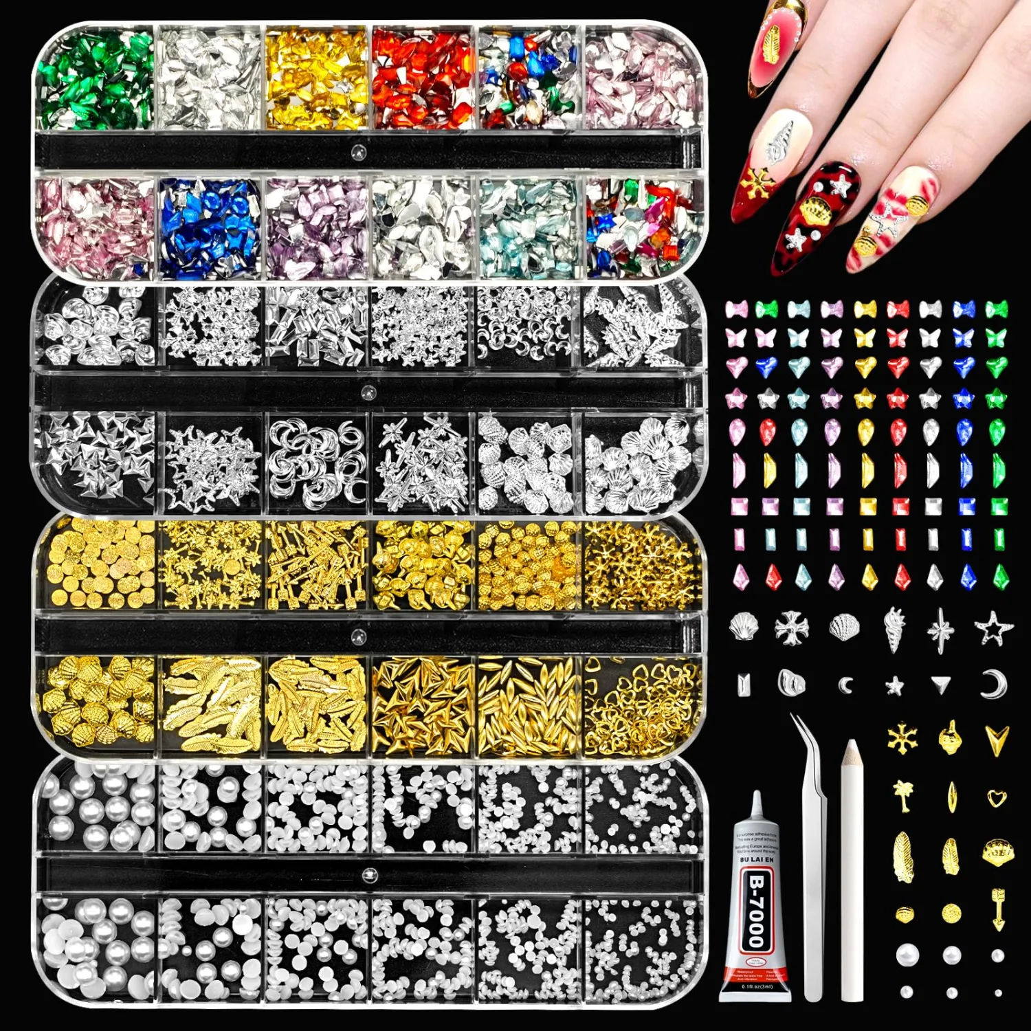 4 Boxes Nail Charms and Gems, Gold/Silver/Flatback White Pearl, Colorful Nail Gems, Various Shapes Y2K Nail Rhinestones and Charms for Nail Art Design, Beginner Friendly Nail Kit Accessories