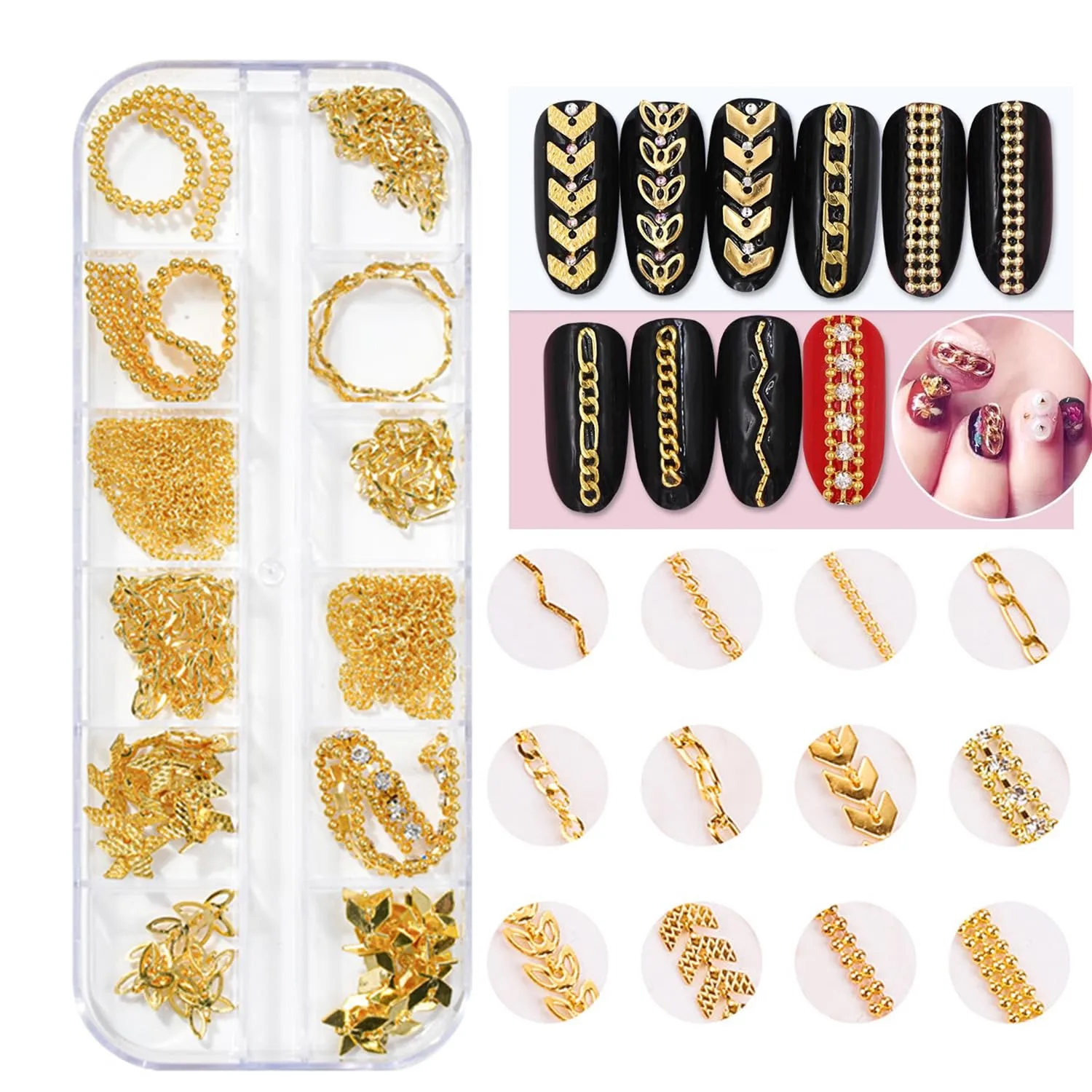 2 Boxes - 36 Strips Multi-Color and Gold Metal 3D Nail Chains for Nail Art - Punk Nail Charms, Colorful Chains for Nails