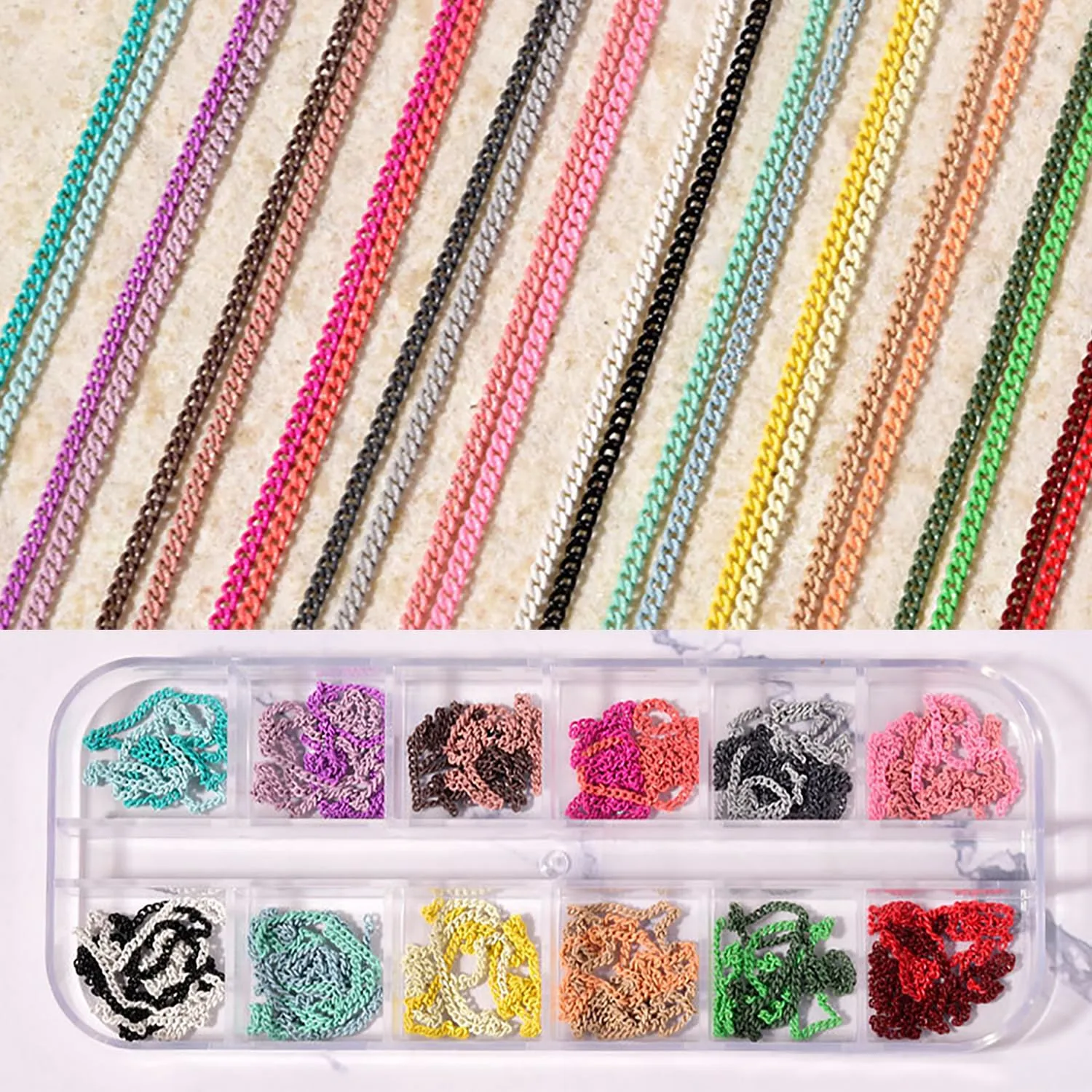 2 Boxes - 36 Strips Multi-Color and Gold Metal 3D Nail Chains for Nail Art - Punk Nail Charms, Colorful Chains for Nails