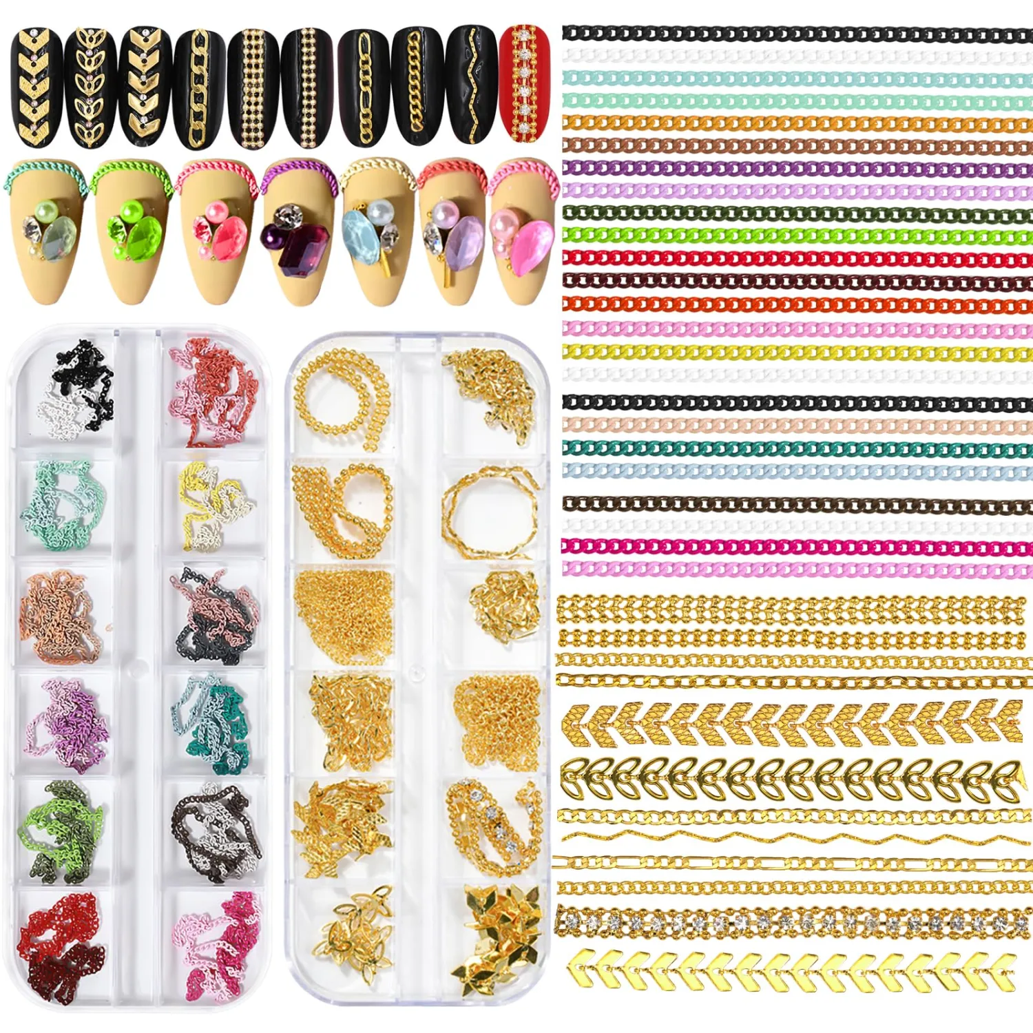 2 Boxes - 36 Strips Multi-Color and Gold Metal 3D Nail Chains for Nail Art - Punk Nail Charms, Colorful Chains for Nails