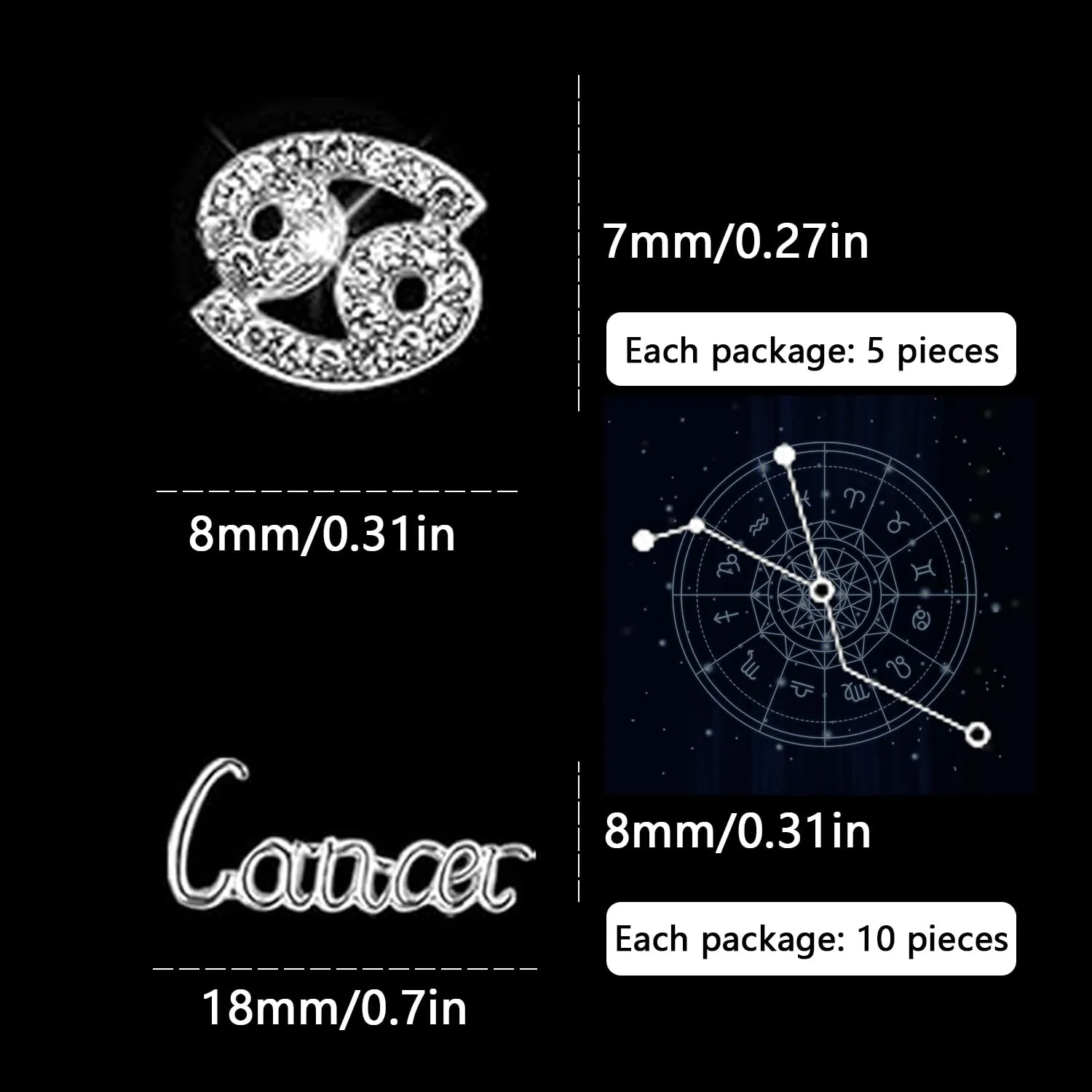 15pcs 3D Silver Cancer Nail Charms 5pcs Zodiac Signs and 10pcs Zodiac Letter Nail Studs Rhinestones Crystal Alloy Twelve Constellation Charms for DIY Crafts Jewelry Decoration Nail Supplies
