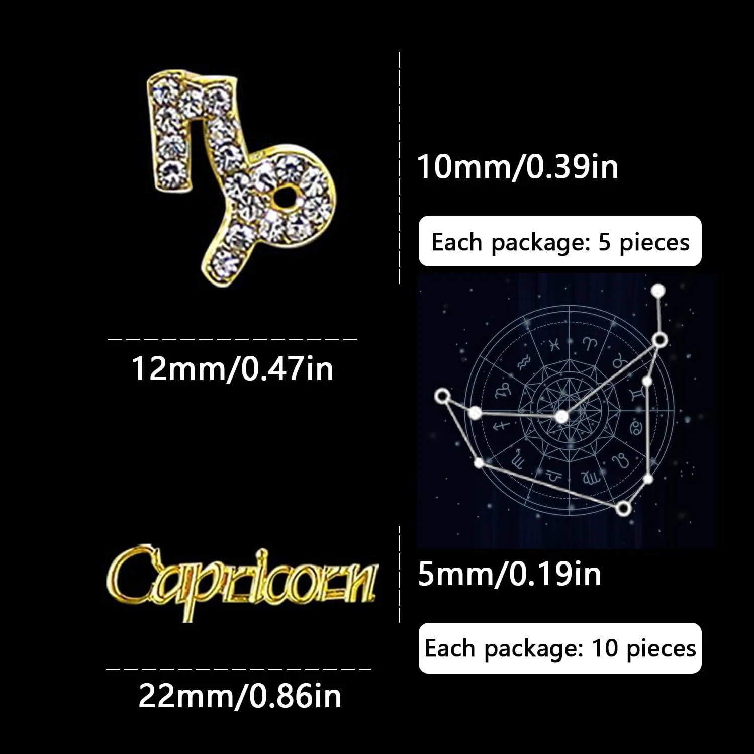 15pcs 3D Gold Capricorn Charms - 5pcs Zodiac Signs and 10pcs Letter Studs - Rhinestones Crystal Alloy Twelve Constellation for DIY Crafts Jewelry Decoration Nail Supplies