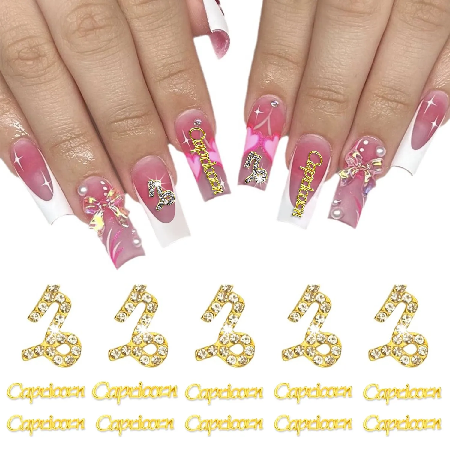 15pcs 3D Gold Capricorn Charms - 5pcs Zodiac Signs and 10pcs Letter Studs - Rhinestones Crystal Alloy Twelve Constellation for DIY Crafts Jewelry Decoration Nail Supplies