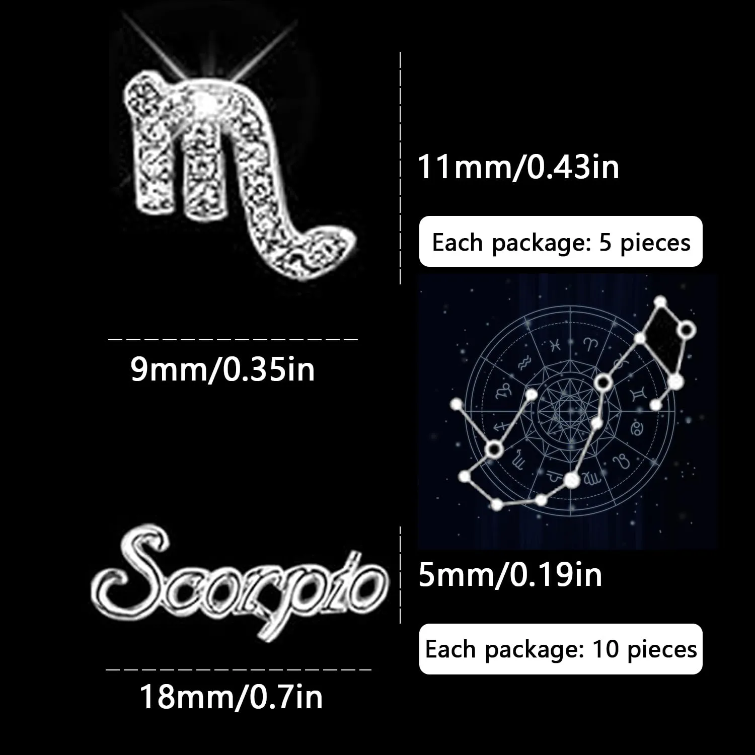 15pcs 3D Silver Scorpio Nail Charms 5pcs Zodiac Signs and 10pcs Zodiac Letter Nail Studs Rhinestones Crystal Alloy Twelve Constellation Charms for DIY Crafts Jewelry Decoration Nail Supplies