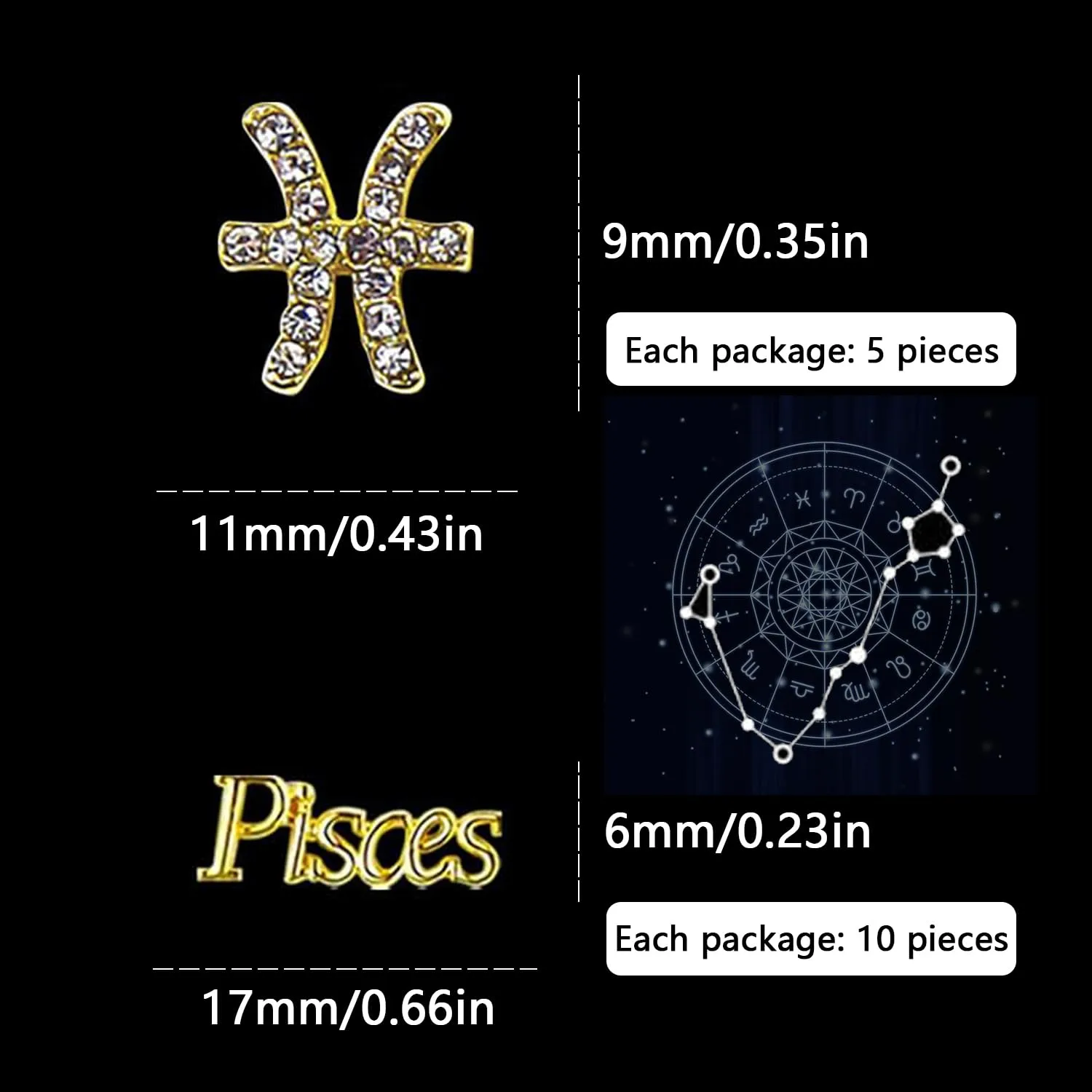 15pcs 3d Gold Pisces Nail Charms 5pcs Zodiac Signs and 10pcs Zodiac Letter Nail Studs Rhinestones Crystal Alloy Twelve Constellation Charms for DIY Crafts Jewelry Decoration Nail Supplies