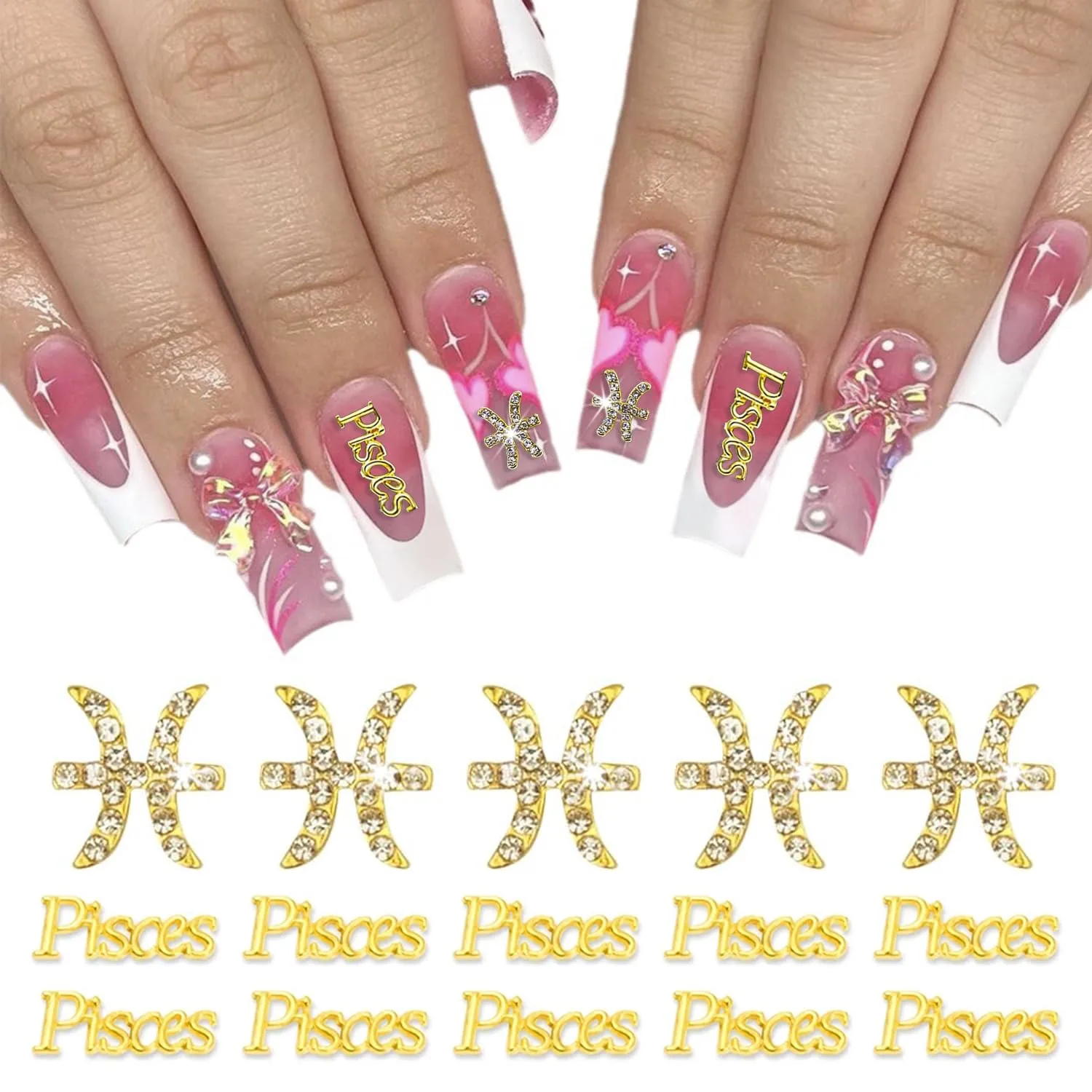 15pcs 3d Gold Pisces Nail Charms 5pcs Zodiac Signs and 10pcs Zodiac Letter Nail Studs Rhinestones Crystal Alloy Twelve Constellation Charms for DIY Crafts Jewelry Decoration Nail Supplies