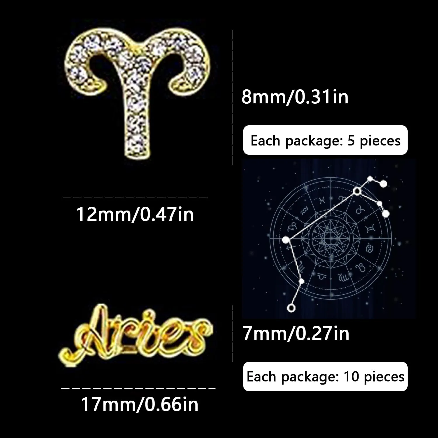 15pcs 3D Gold Aries Charms, 5pcs Zodiac Signs, 10pcs Zodiac Letter Studs, Rhinestones Crystal Alloy Twelve Constellation for DIY Crafts, Jewelry Decoration, Nail Supplies