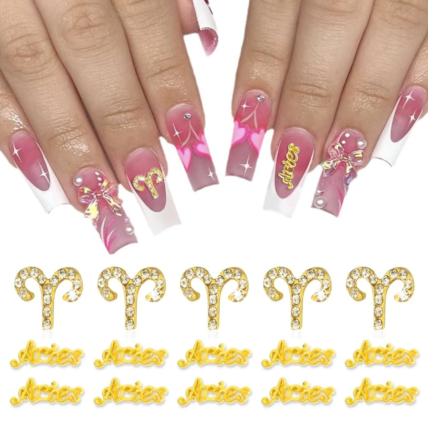 15pcs 3D Gold Aries Charms, 5pcs Zodiac Signs, 10pcs Zodiac Letter Studs, Rhinestones Crystal Alloy Twelve Constellation for DIY Crafts, Jewelry Decoration, Nail Supplies
