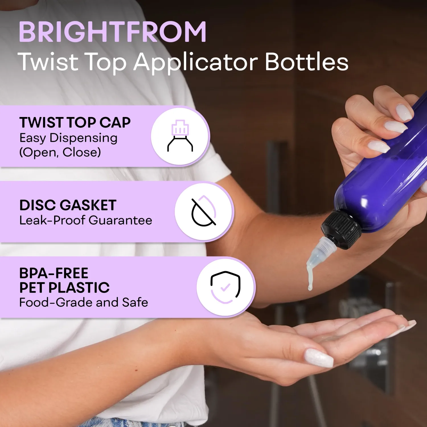 BRIGHTFROM Twist Top Applicator Bottles, 8 OZ, Squeeze Empty Plastic Bottles, Black Nozzle, BPA-Free, PET, Refillable, Open/Close Nozzle - Multi Purpose (Blue)