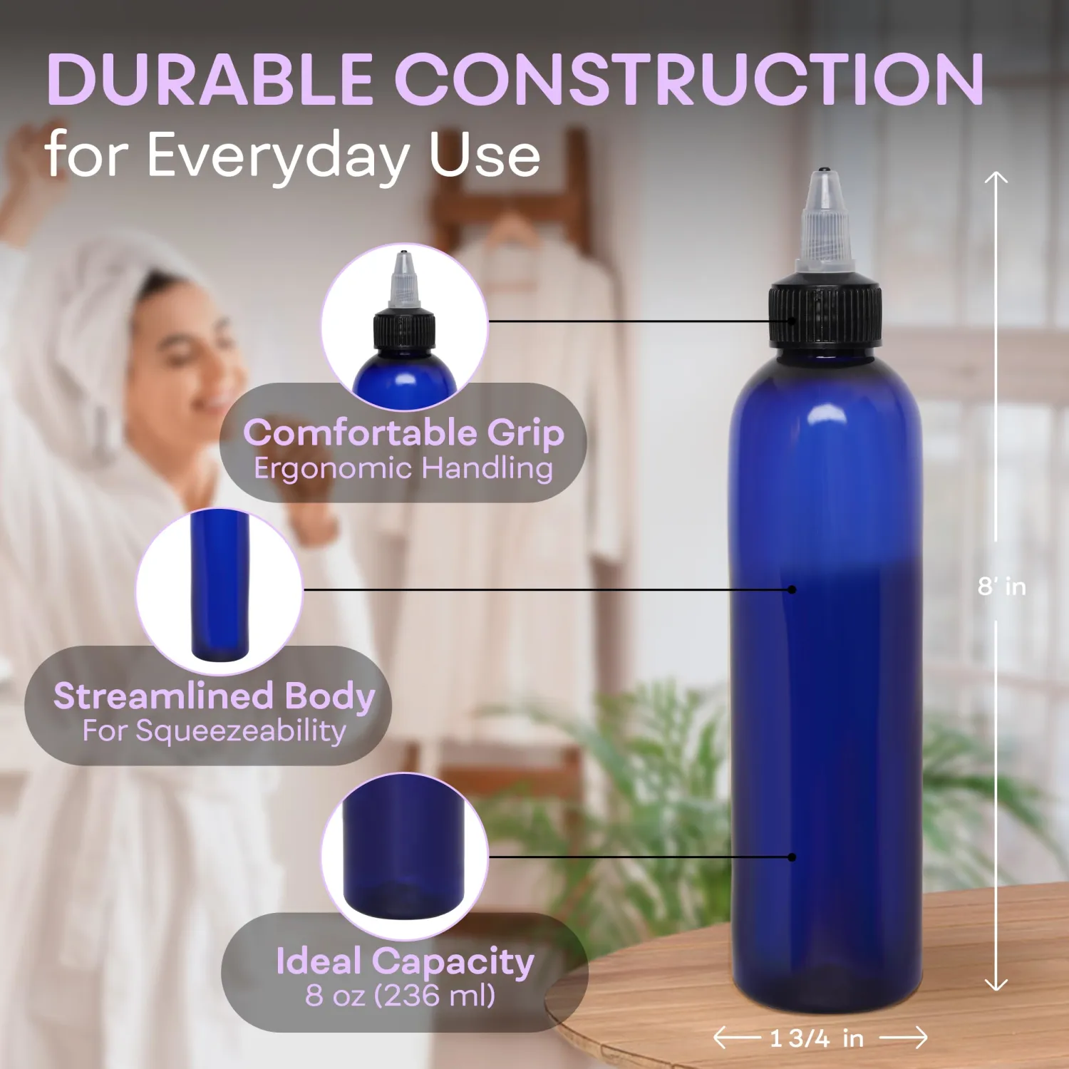BRIGHTFROM Twist Top Applicator Bottles, 8 OZ, Squeeze Empty Plastic Bottles, Black Nozzle, BPA-Free, PET, Refillable, Open/Close Nozzle - Multi Purpose (Blue)