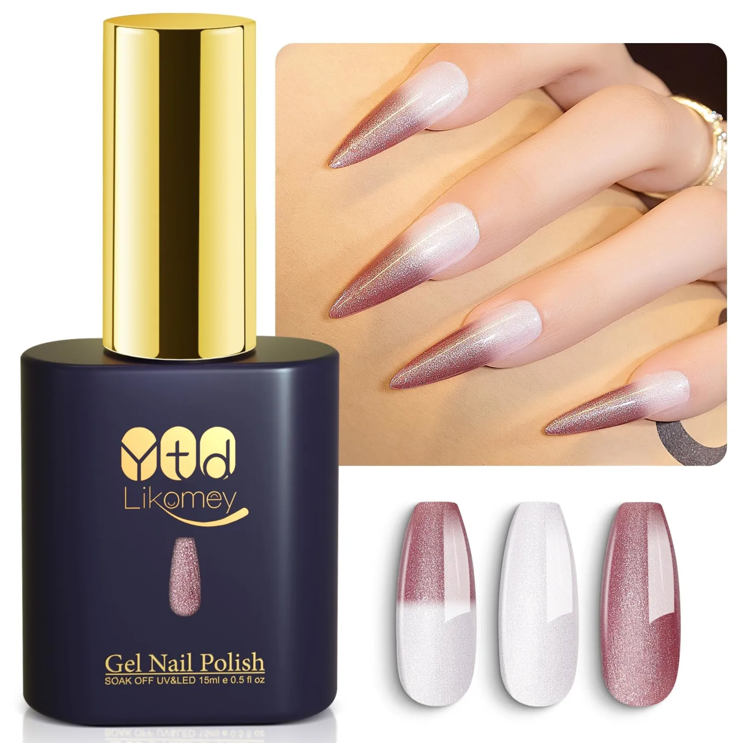 YTD Likomey Shimmer Pearlescent Glitter Color Changing Gel Nail Polish,Thermal 15ml Dual-Tone Milky White to Nude Pink Temperature Mood Ombre Gradient UV Nail Gel,WB626