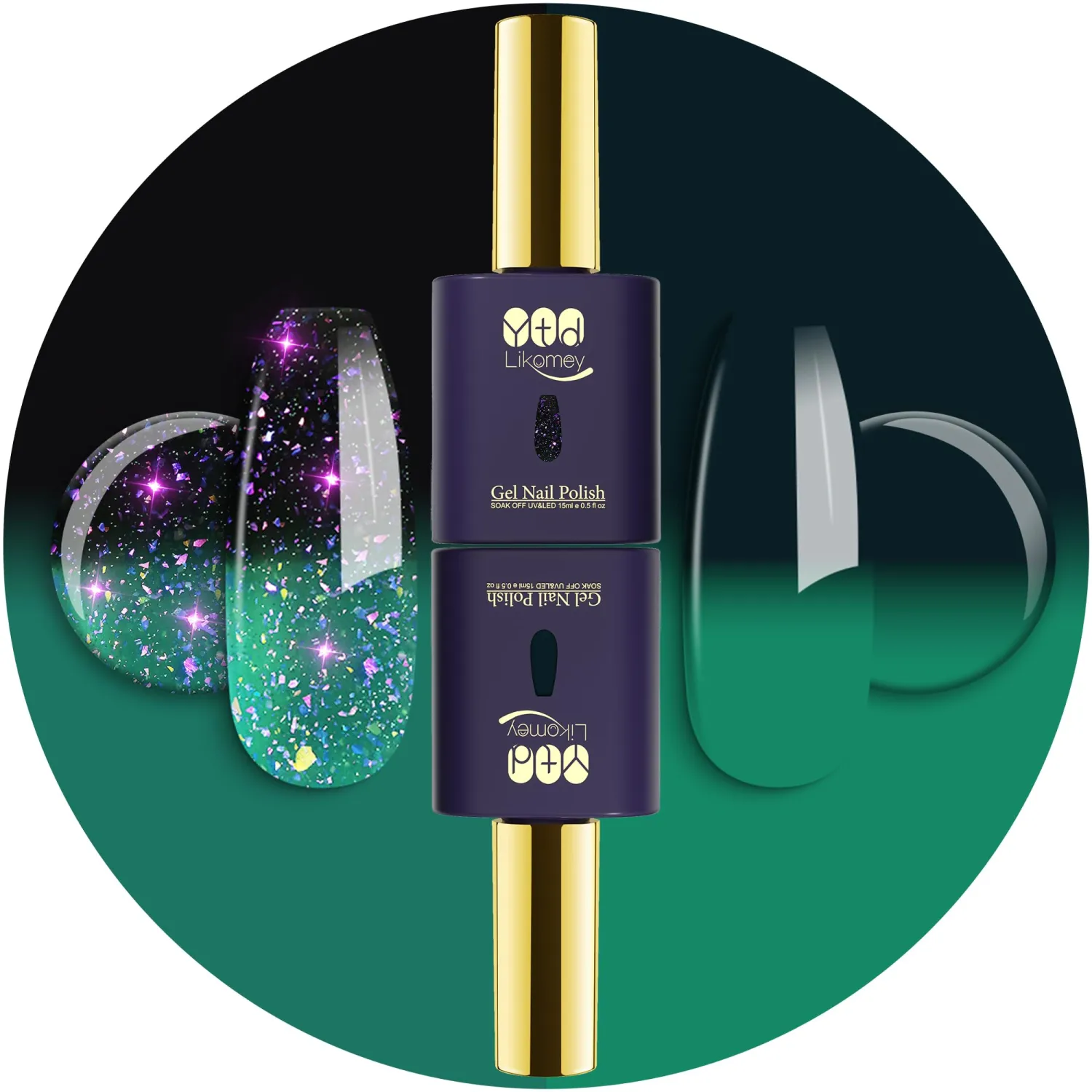 YTD Likomey Thermal Color Changing Gel Nail Polish Set,Dual-Tone Bright Green to Dark Green Iridescent Flakes Mood Temperature Ombre Gradient UV Nail Gel, 2 Pcs 0.5 Fl Oz