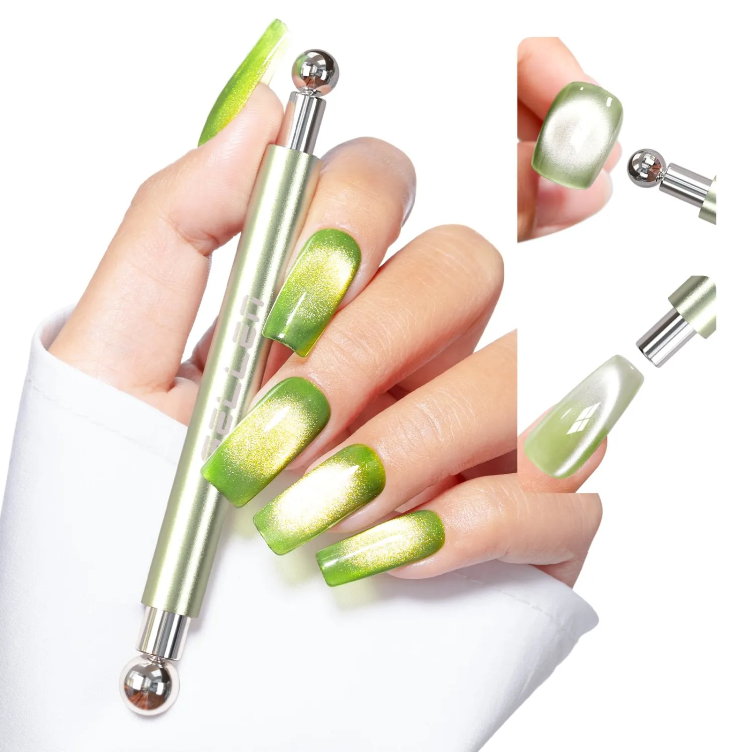 Gellen Green Double-Ended Cateye Magnet for Nails – Dual Cat Eye Nail Magnet Tool with Wide & Narrow Tips, Strong Magnetic Stick for Cat Eye Gel Polish Nail Art DIY Salon Use