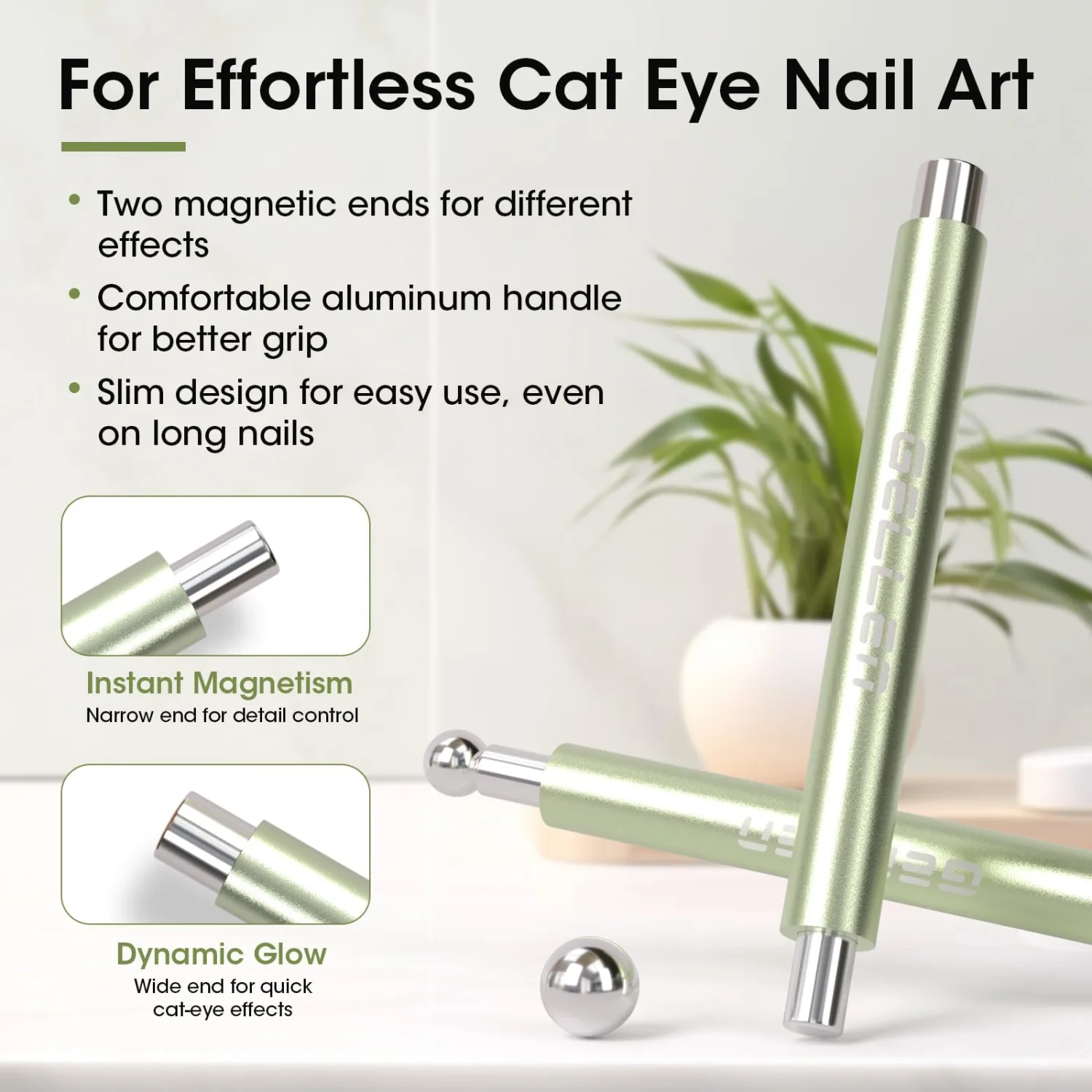 Gellen Green Double-Ended Cateye Magnet for Nails – Dual Cat Eye Nail Magnet Tool with Wide & Narrow Tips, Strong Magnetic Stick for Cat Eye Gel Polish Nail Art DIY Salon Use