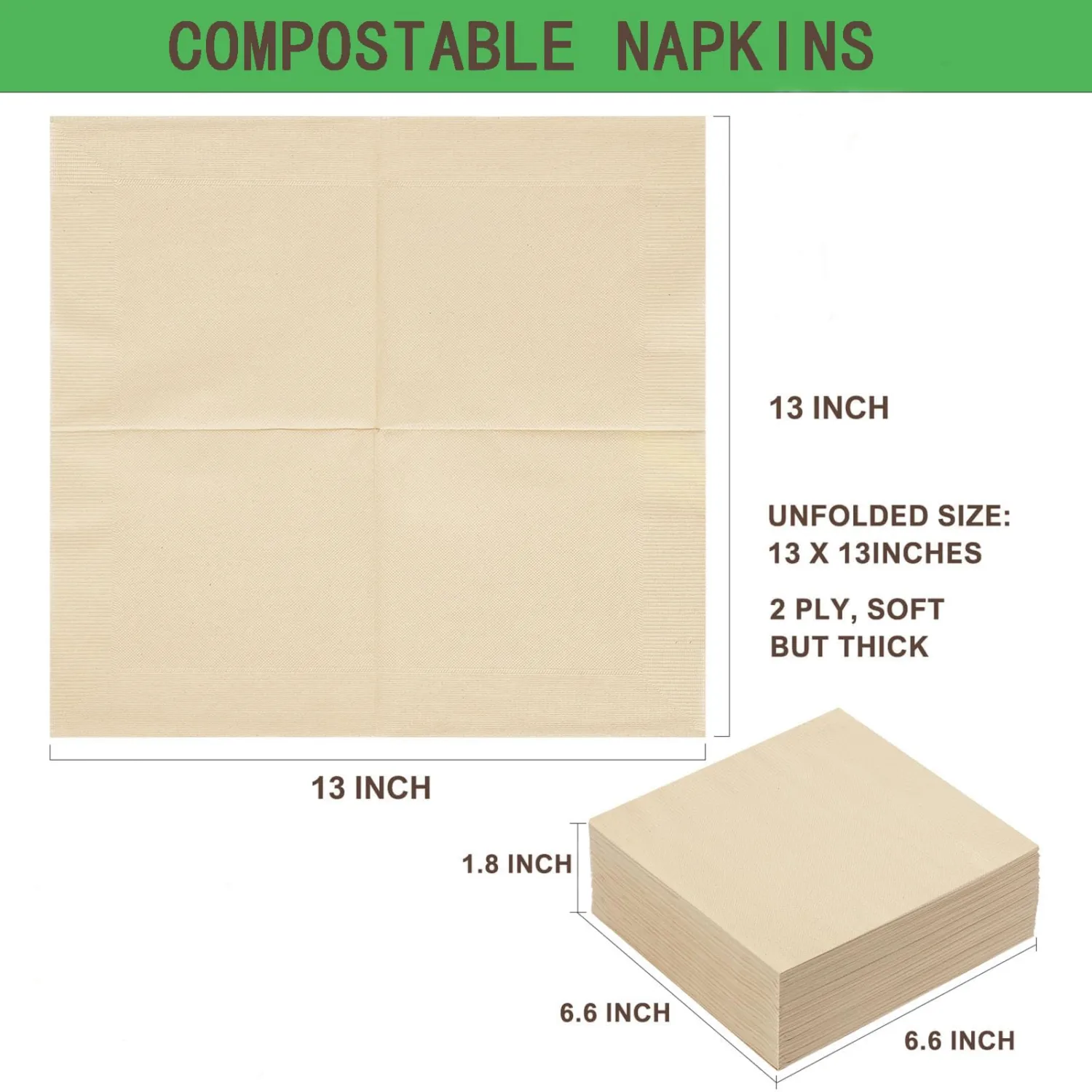 100 Pcs Compostable Paper Napkins 13 x 13 In, Disposable Napkins Unbleached 2-ply for Picnic Lunch Dinner Wedding Party Birthday and Every Day Use