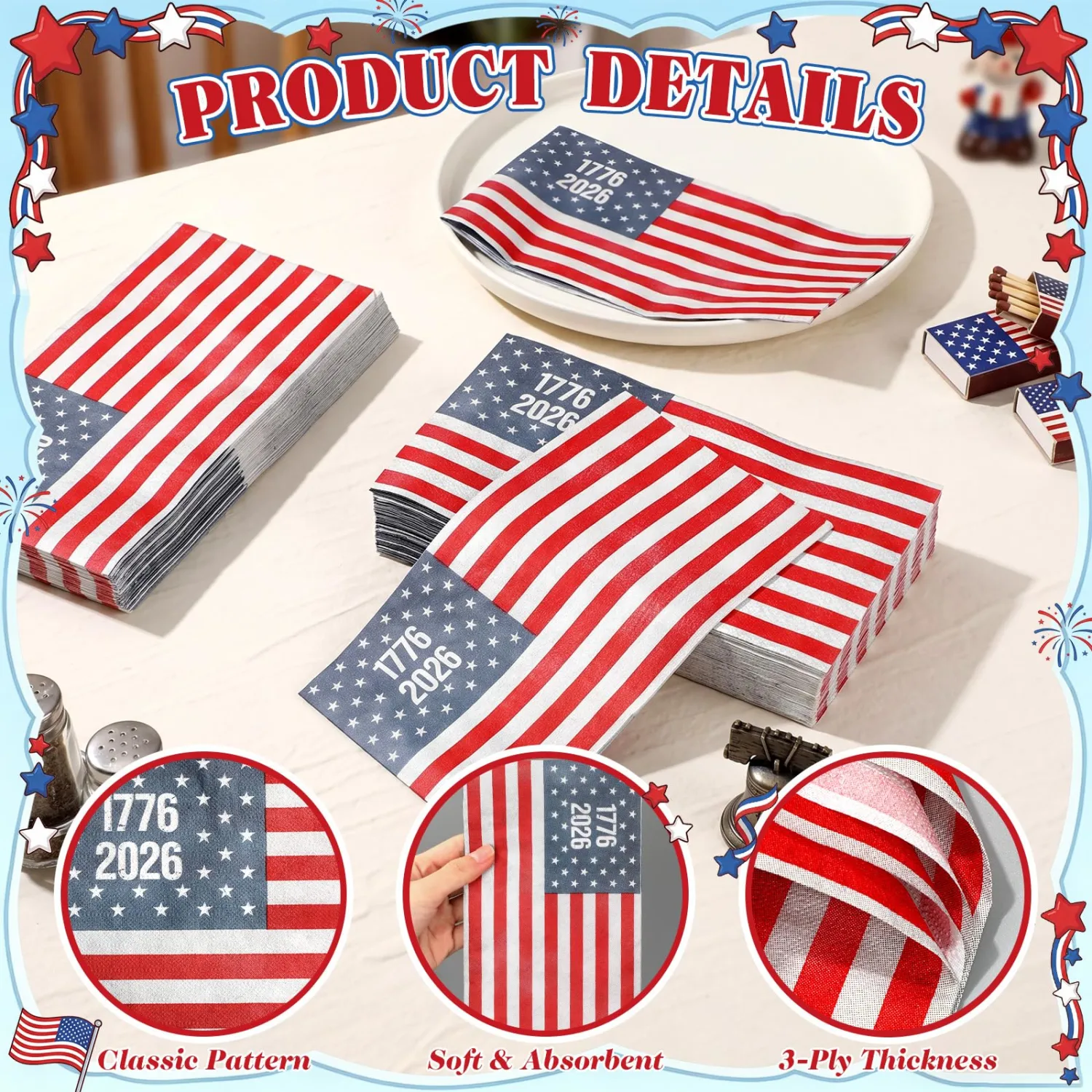 Funrous 50 Pcs 250 Year Anniversary Napkins Rustic American Flag Disposable Napkins 1776-2026 250th Birthday Patriotic Hand Towel for 4th of July Independence Day Party Supplies (Retro)