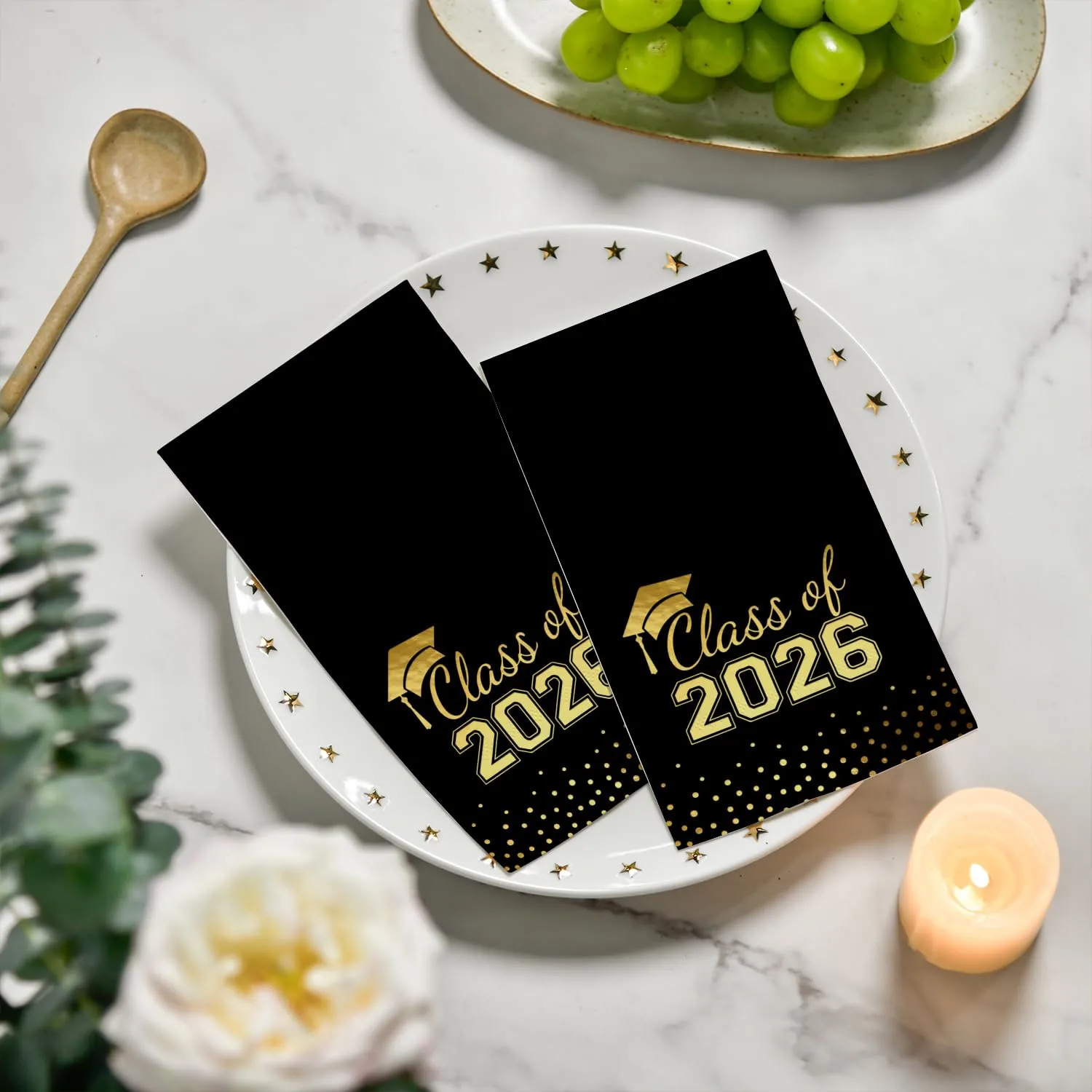 Horaldaily 50 Class of 2026 Graduation Disposable Paper Decorative Guest Napkins, Black and Gold Foil dots, College High School Grad Celebration Hand Towel for Party Dinner Kitchen Bathroom