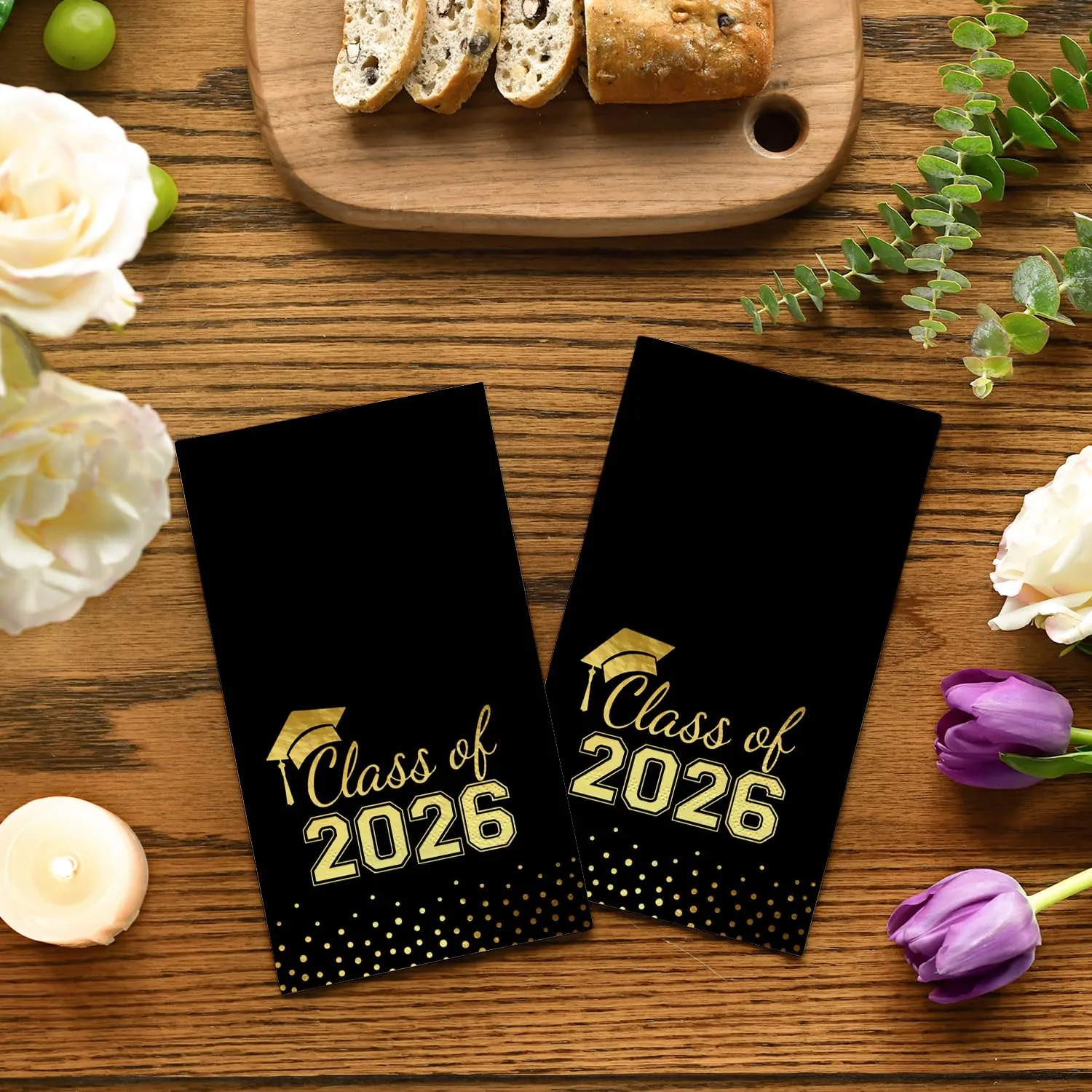 Horaldaily 50 Class of 2026 Graduation Disposable Paper Decorative Guest Napkins, Black and Gold Foil dots, College High School Grad Celebration Hand Towel for Party Dinner Kitchen Bathroom