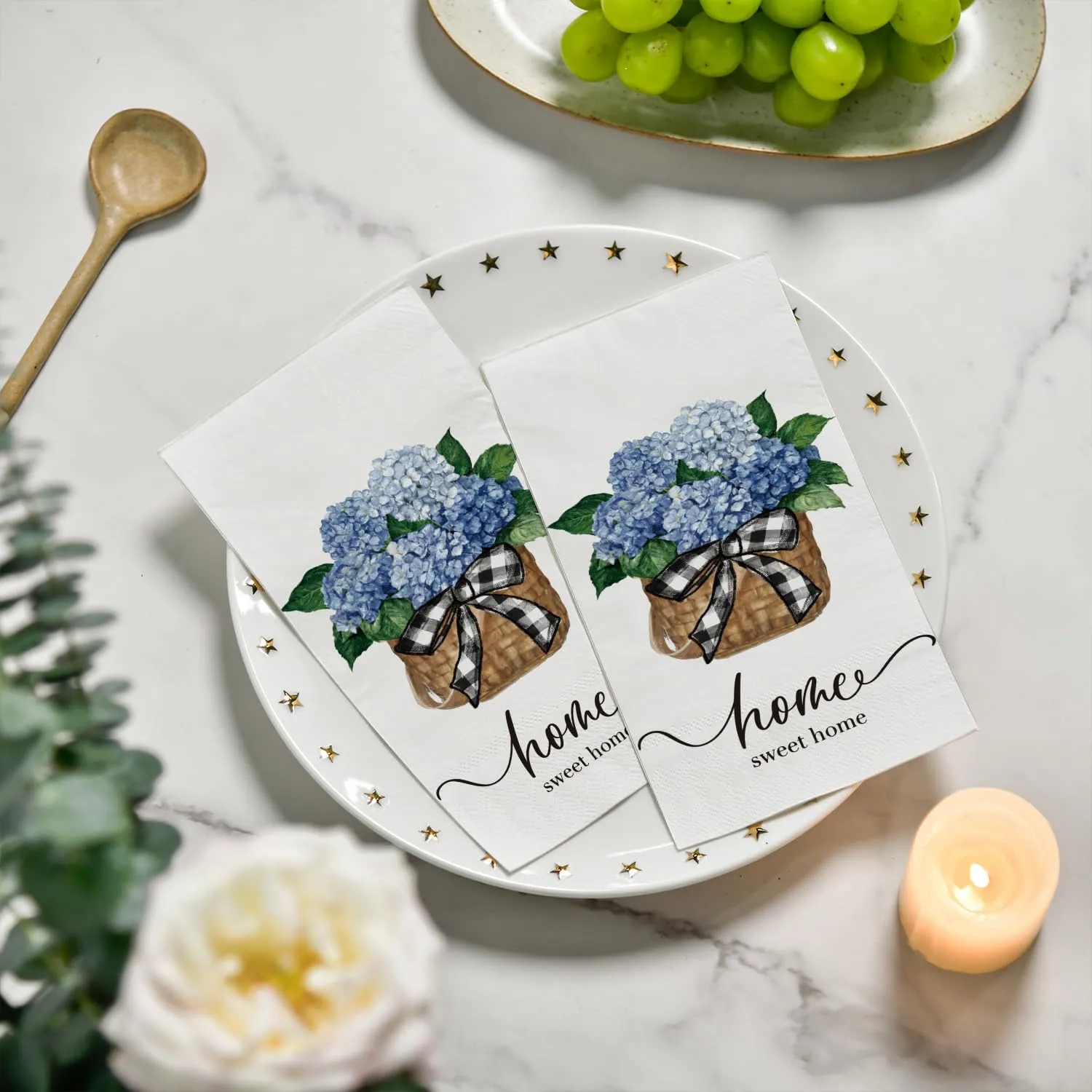Horaldaily 50 Disposable Paper Decorative Guest Napkins, Blue Hydrangea Bouquet Sweet Home Hand Towel for Party Lunch Dinner Kitchen Bathroom