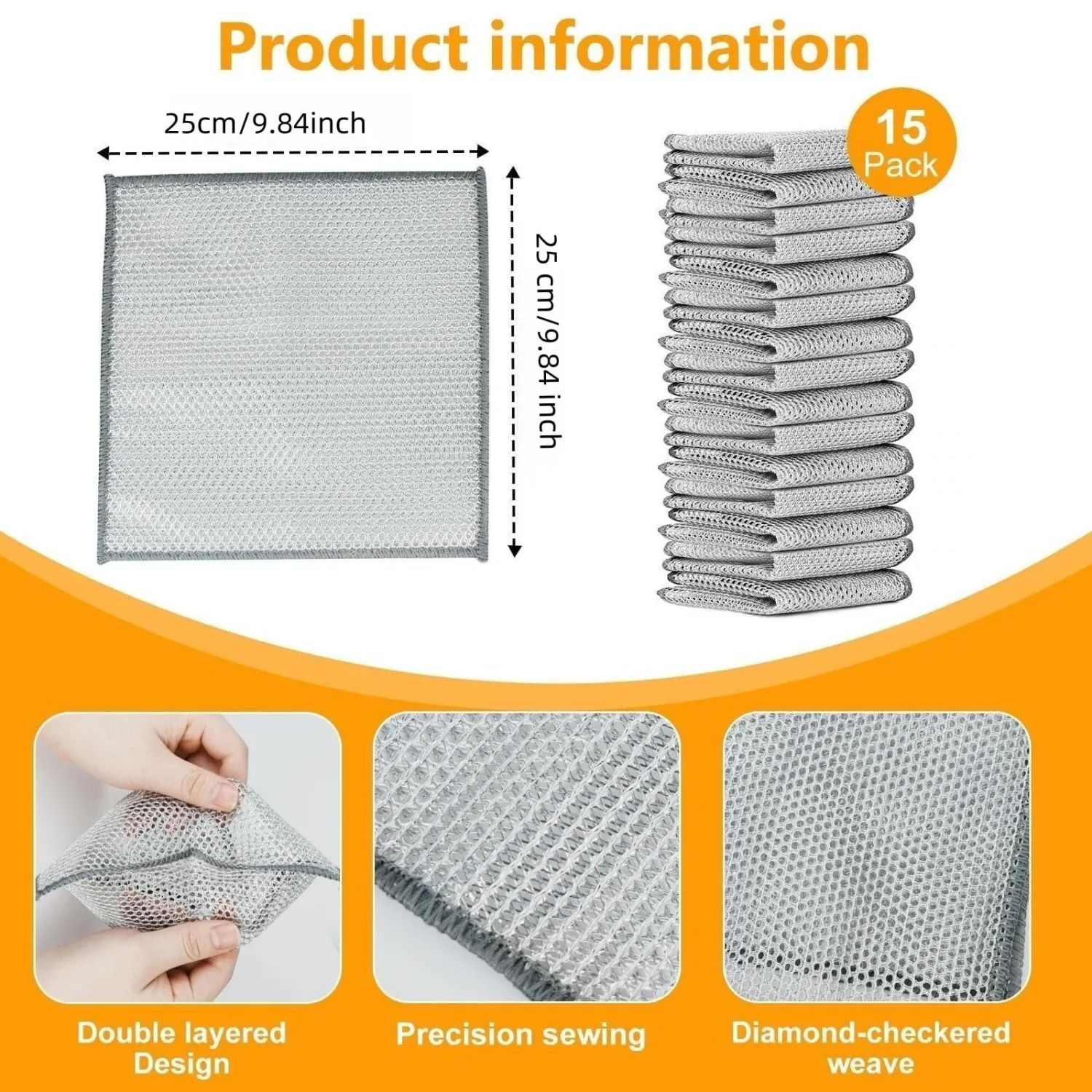 Extra-Large Size Multipurpose Wire Dishwashing Rag,Non Scratch Wire Dishcloth, Reusable Steel Wool Scrubber,Non-Scratch,Quick-Drying,Multi-Purpose for Kitchen,Bathroom Cleaning (15)