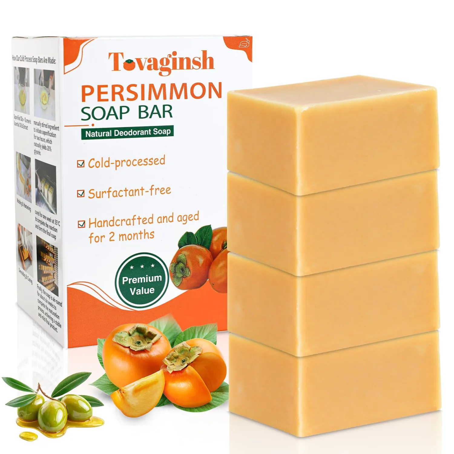 4 PCS Handmade Persimmon Soap Bar for Body Odor Control, Cold Process Persimmon Body Wash Soap for Old People Smell Eliminating Body Odor, 3.53oz/per
